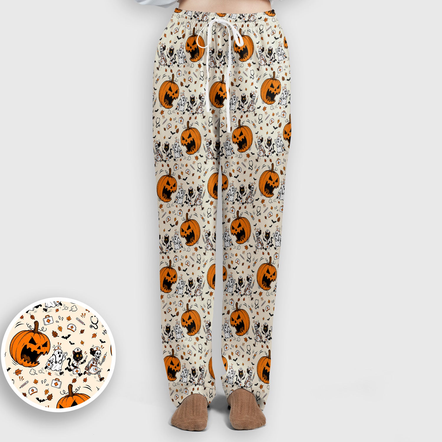 Funny Halloween Pumpkin Chasing Nurses Scrub Set, Scrub Pants and V Neck Top