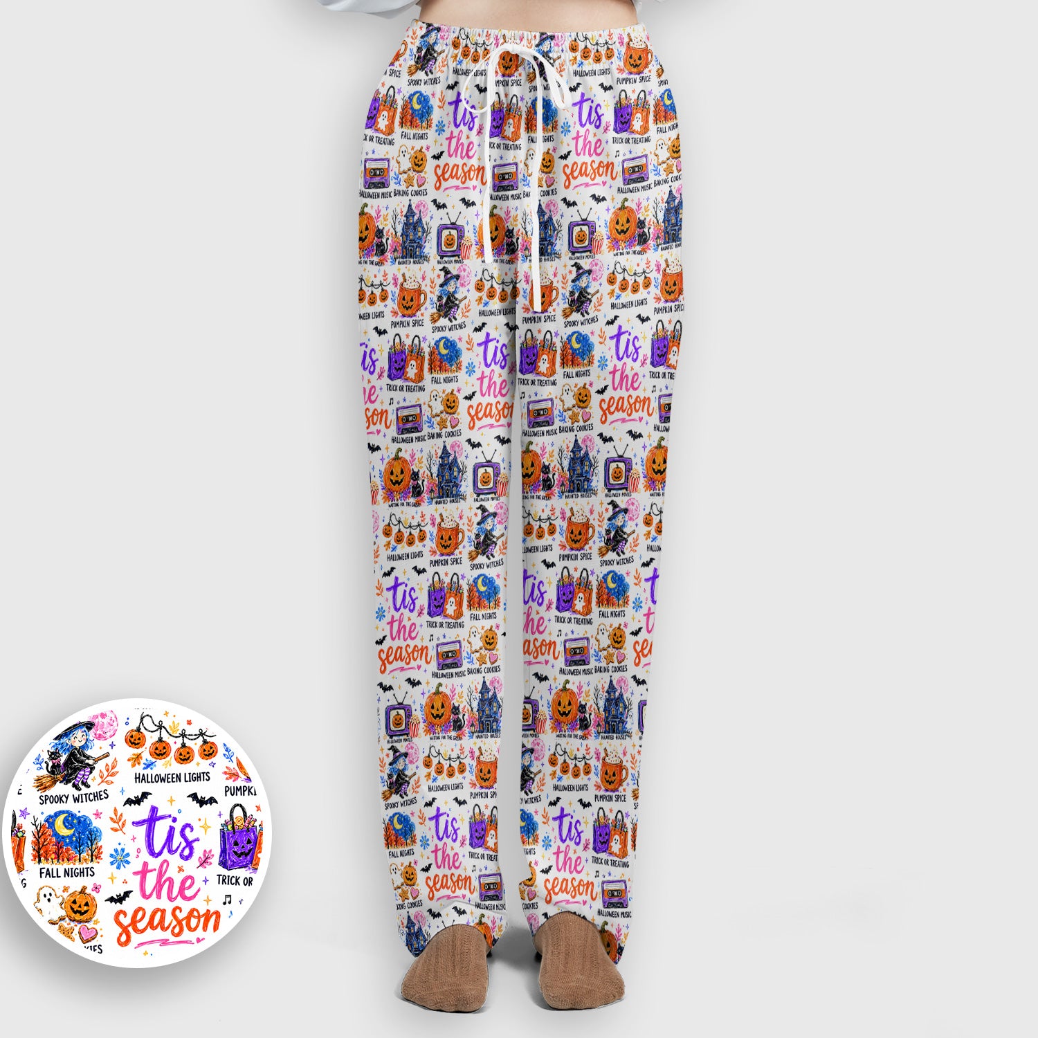 Pumpkin Ghost Spooky Season Print Scrub Set, Scrub Pants and V Neck Top
