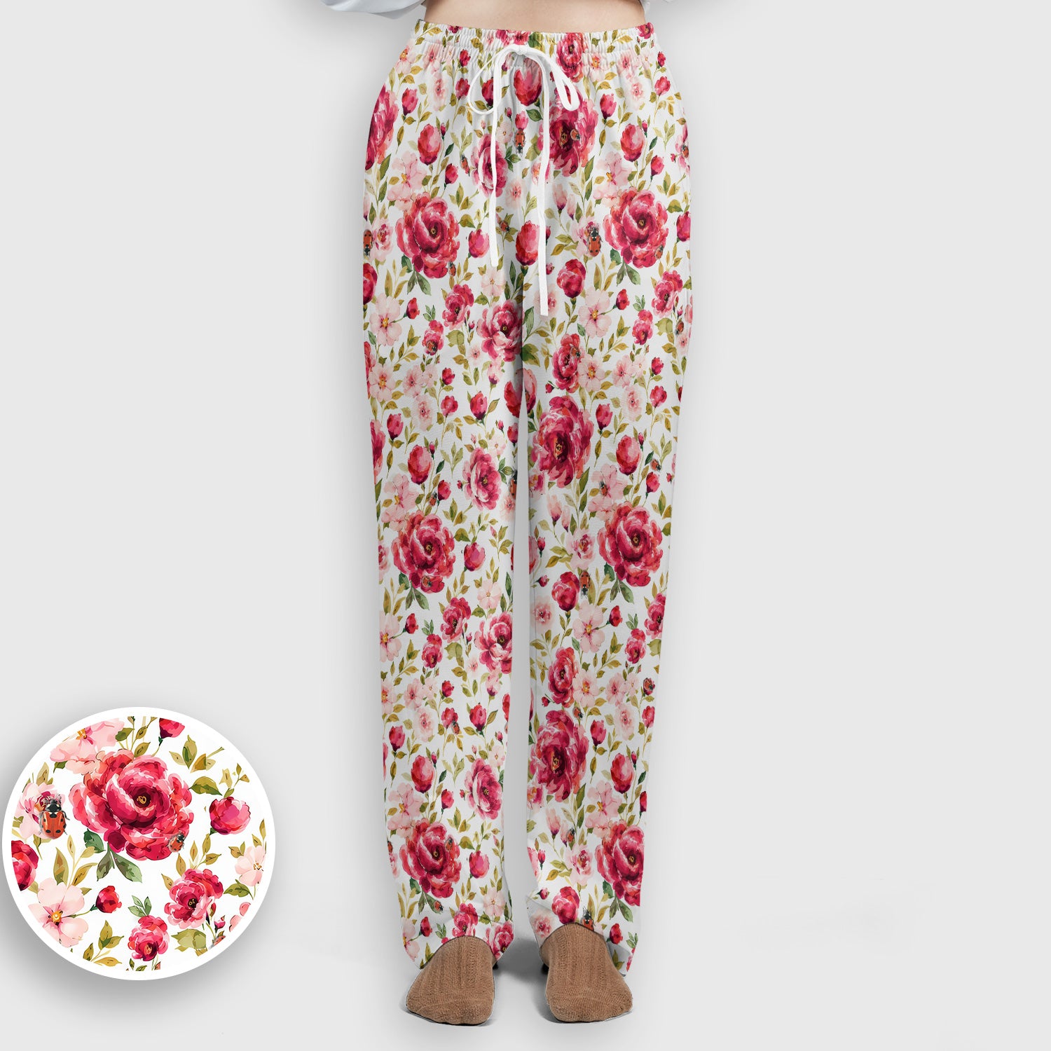 Pink Rose Ladybug Garden Pattern Scrub Set, Scrub Pants and V Neck Top