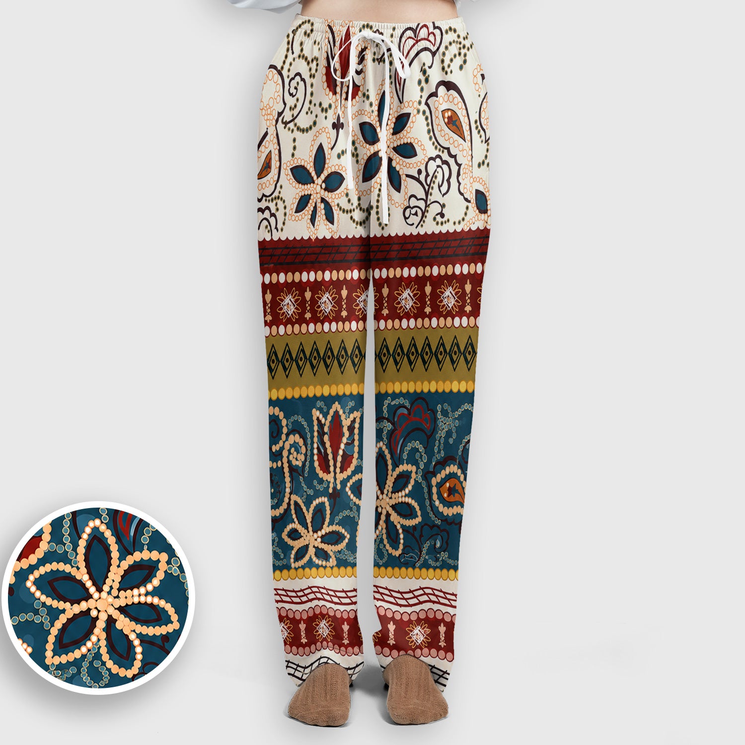 Boho Paisley Floral Stripe Pattern Scrub Set, Scrub Pants and V Neck Top