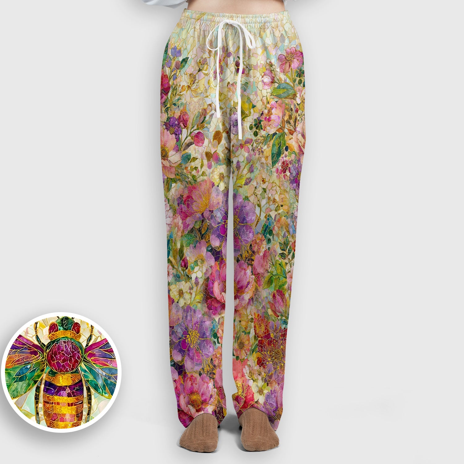 Vibrant Mosaic Bee Nurse for RN, CNA, Floral Garden Medical Scrub Set, Scrub Pants and V Neck Top