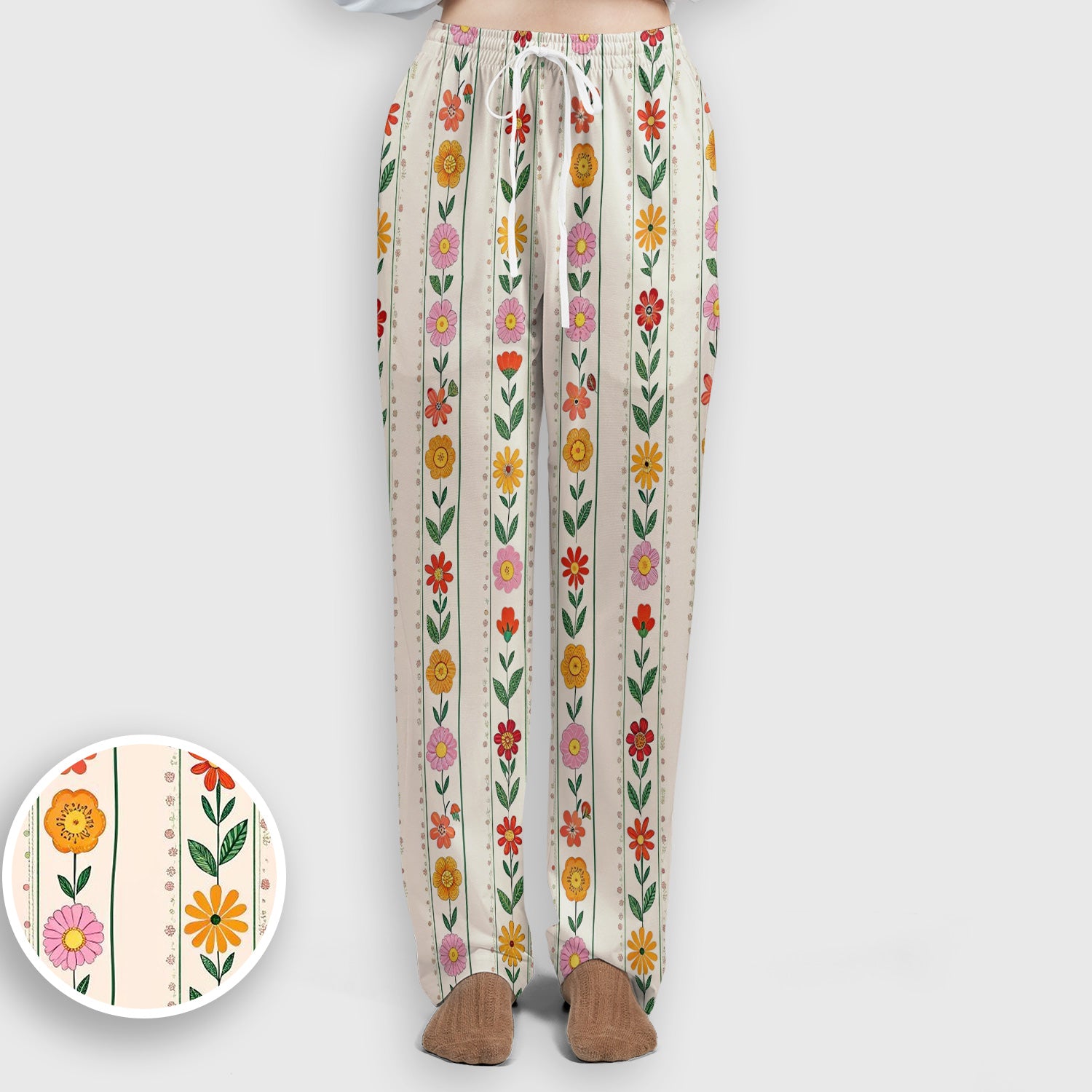 Retro Floral Stripe Print Scrub Set, Scrub Pants and V Neck Top