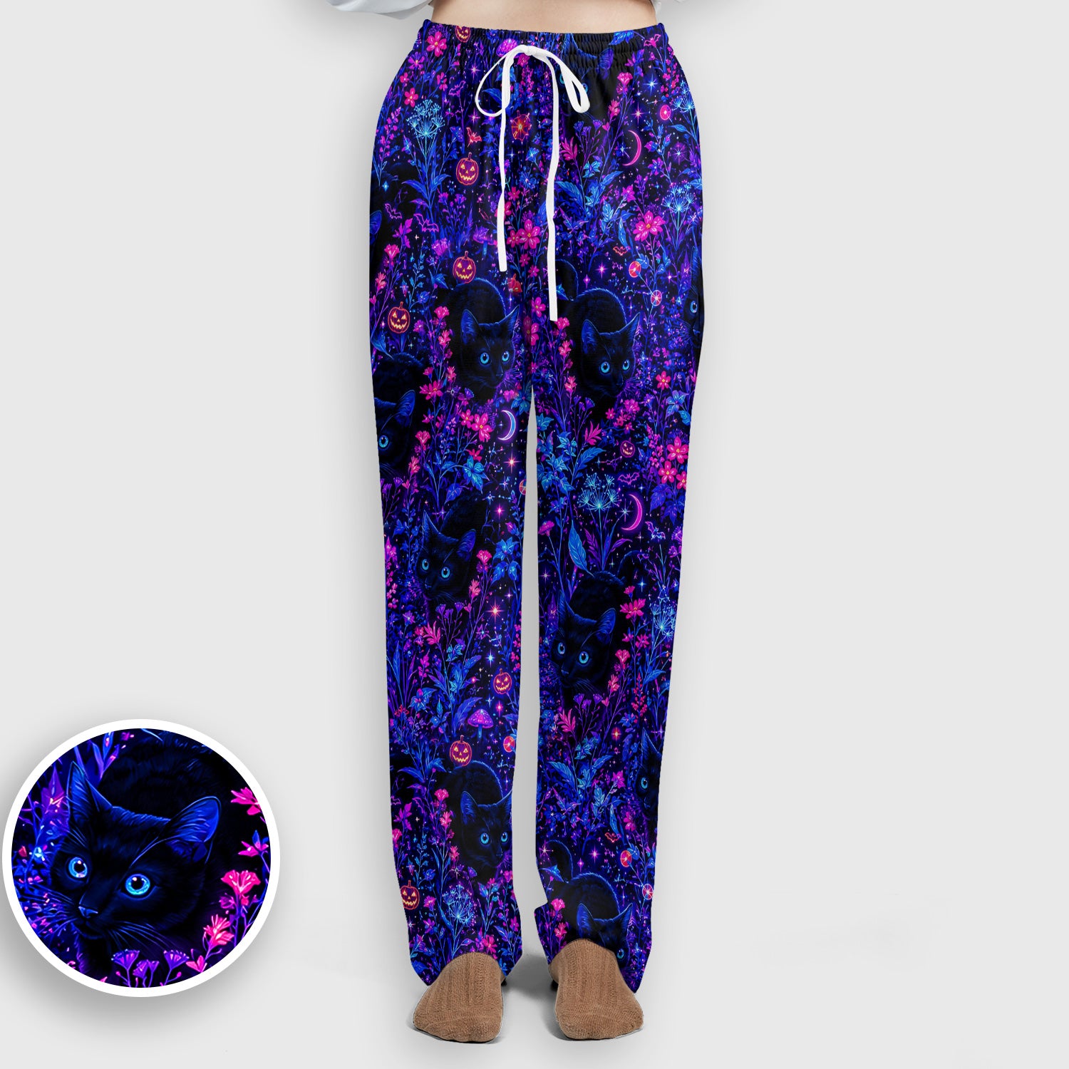 Spooky Black Cat Garden Pattern Scrub Set, Scrub Pants and V Neck Top