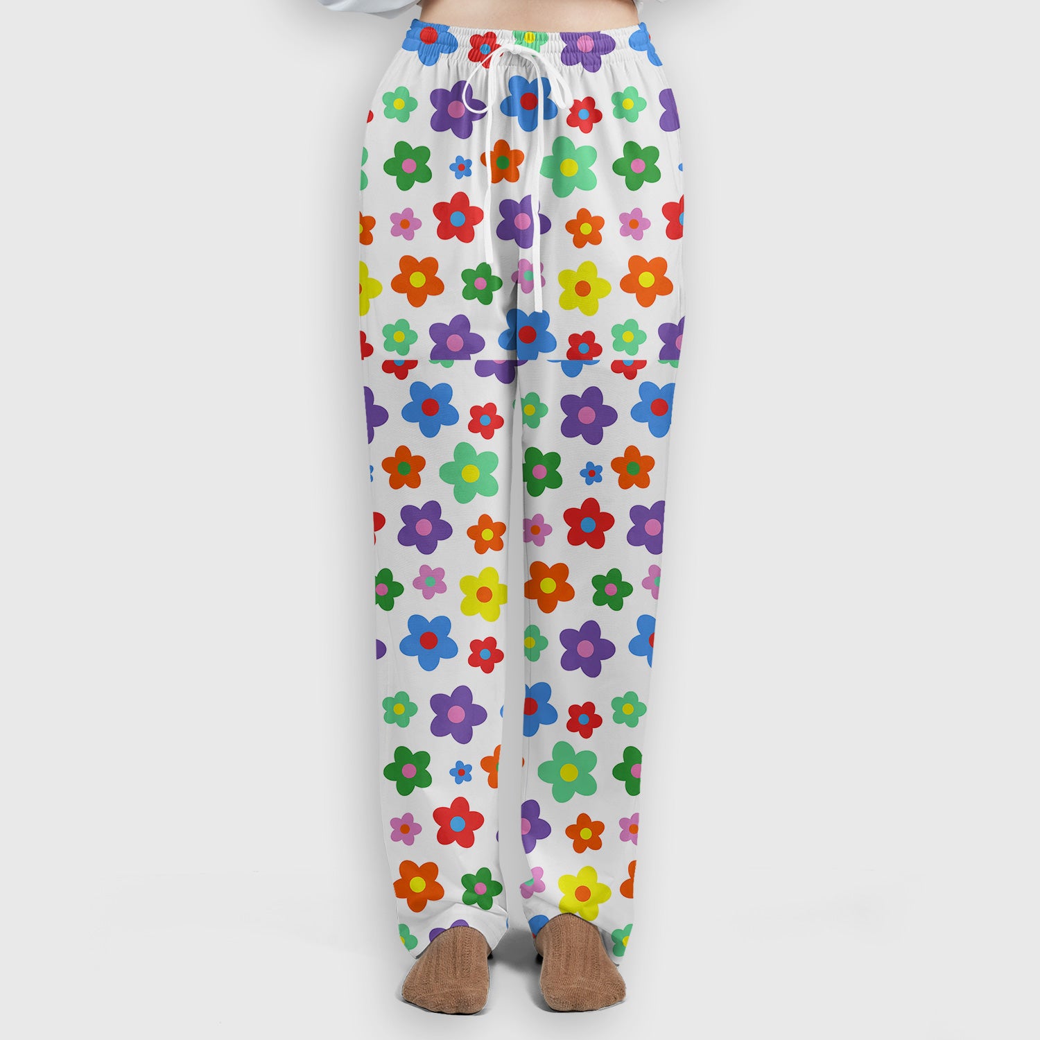 Colorful Retro Flower Pattern Print Scrub Set, Scrub Pants and V Neck Top