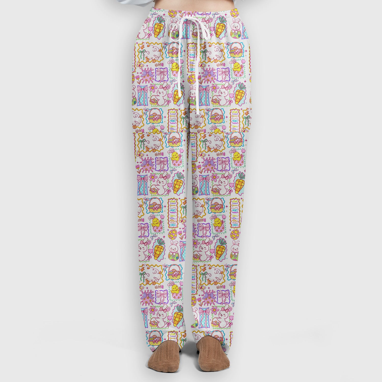 Cute Easter Bunny Egg and Bow Print Scrub Set, Scrub Pants and V Neck Top