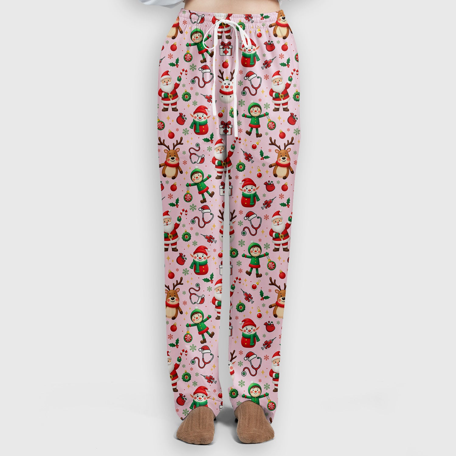 Santa Christmas Scrub Set - Cute Reindeer Scrubs Pants and V Neck Top - Festive Holiday Med Uniform for Women