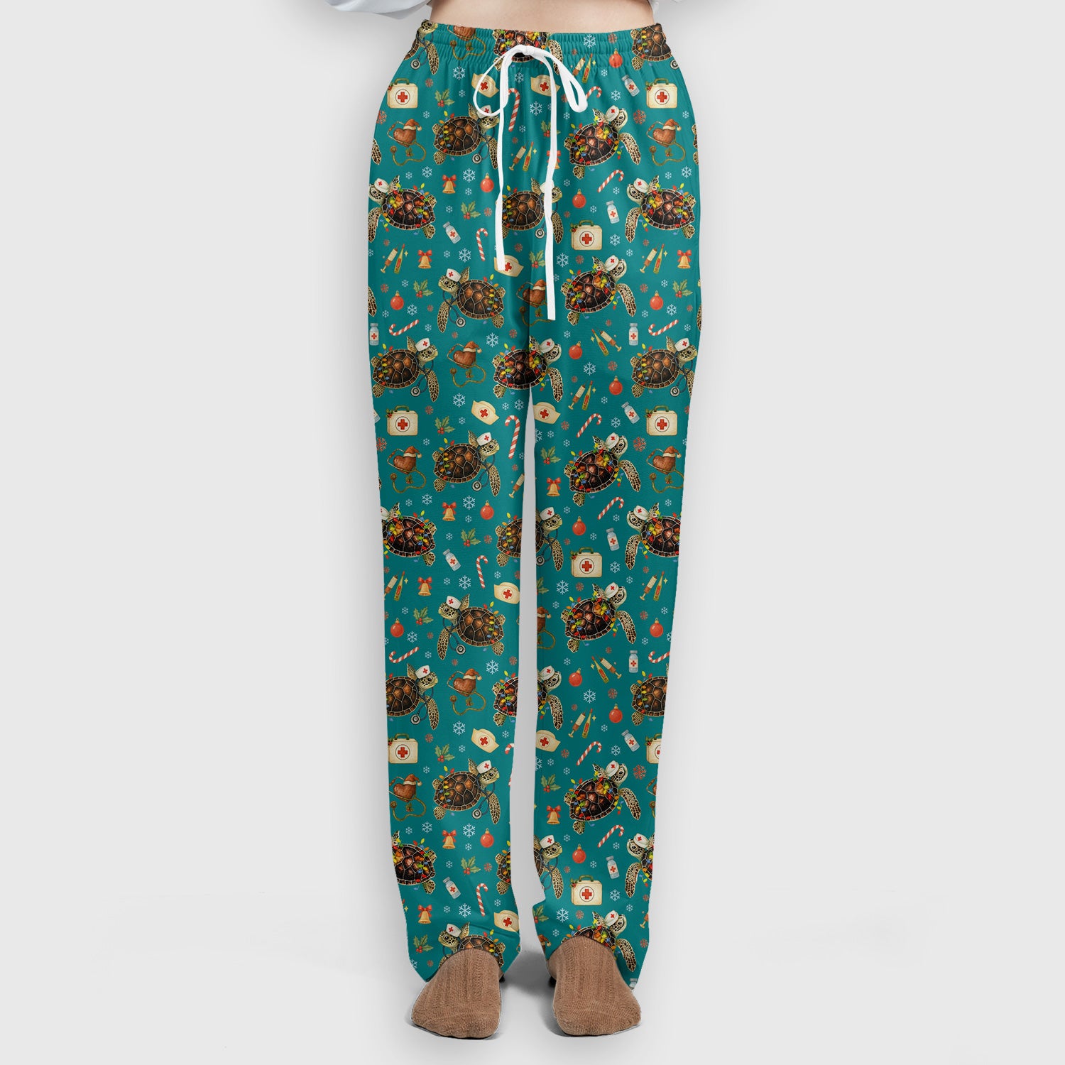 Funny Christmas Scrub Set - Sea Turtle with Xmas Lights Scrubs Pants and V Neck Top - Holiday Nurse Med Uniform for Women