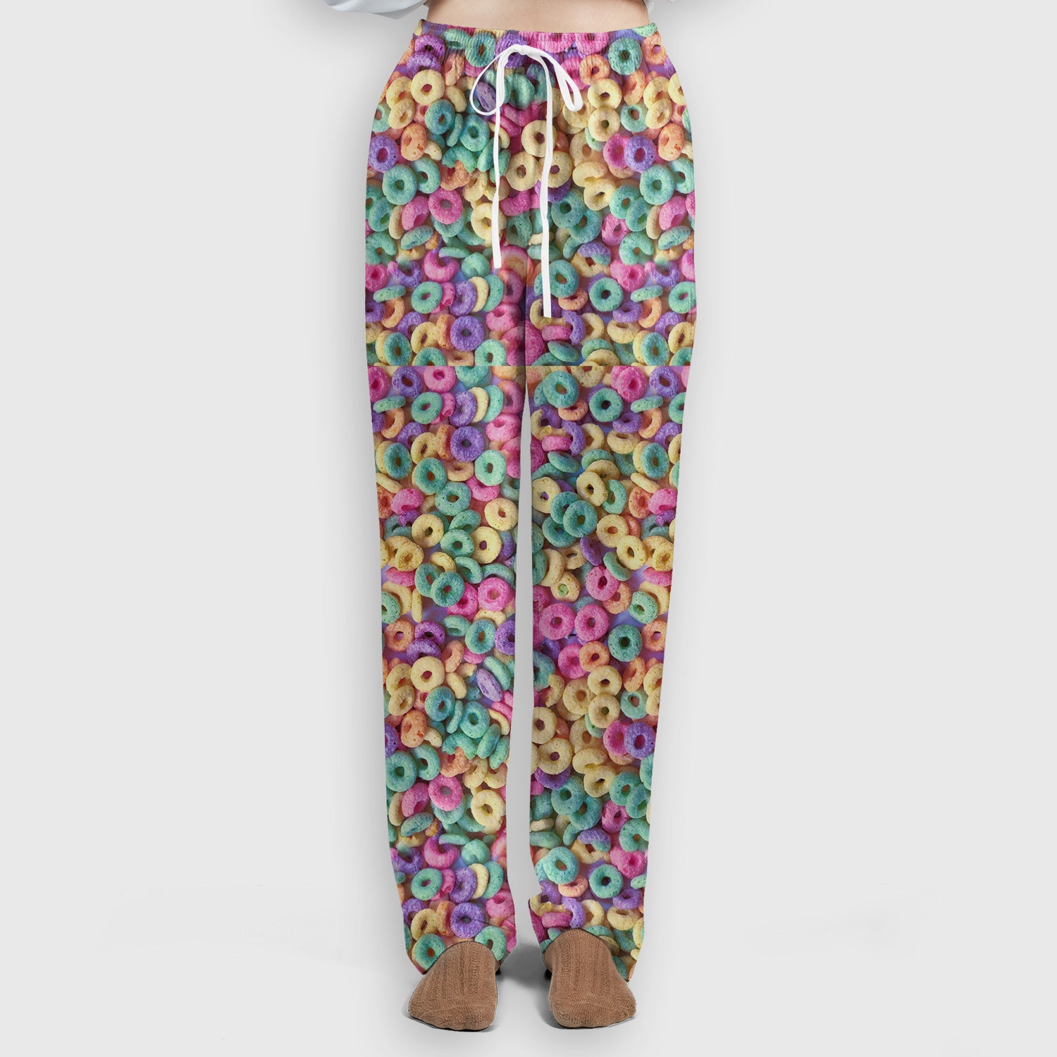 Colorful Cereal Loops Pattern Scrub Set, Scrub Pants and V Neck Top