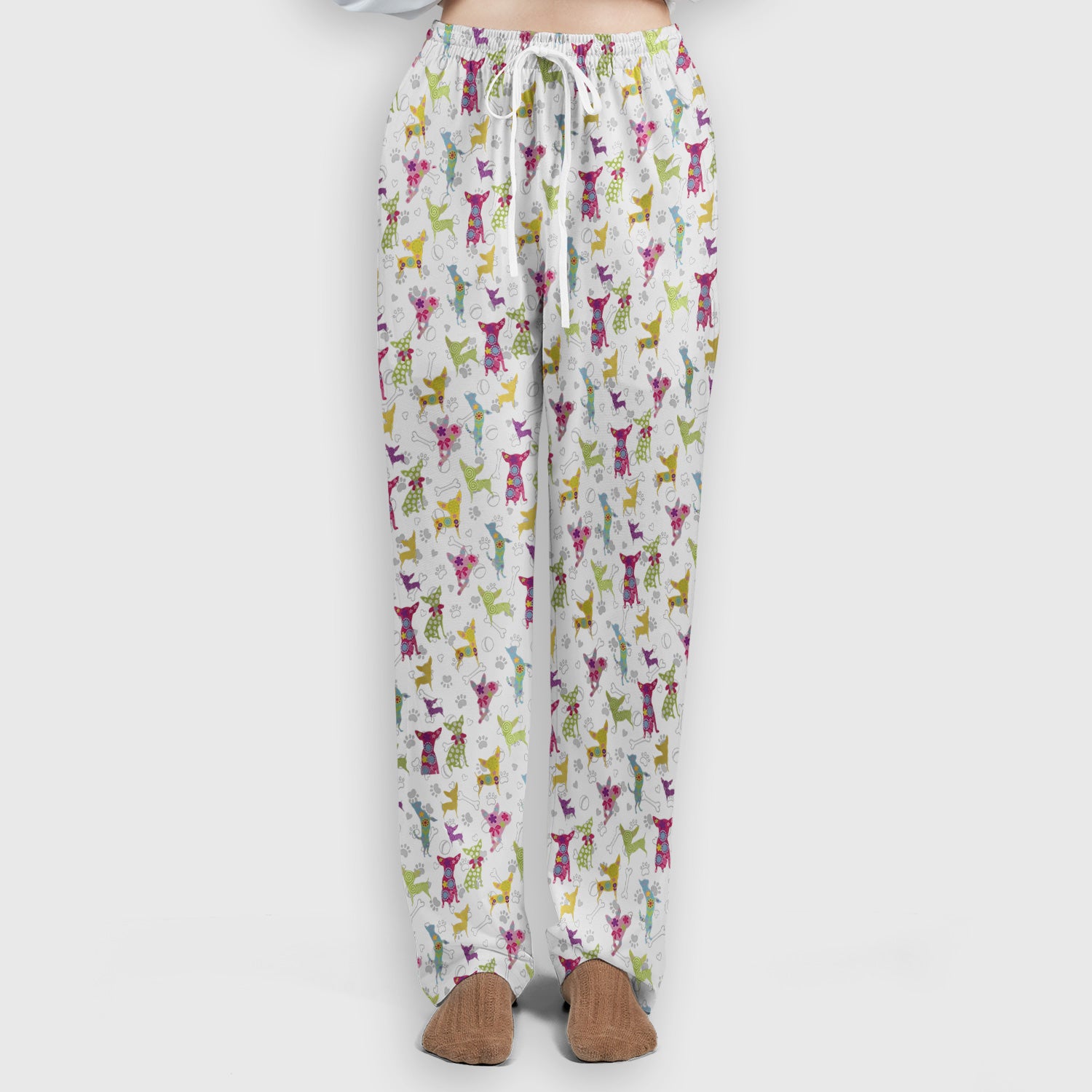 Colorful Playful Dog Print Nurse Scrub Set, Scrub Pants and V Neck Top