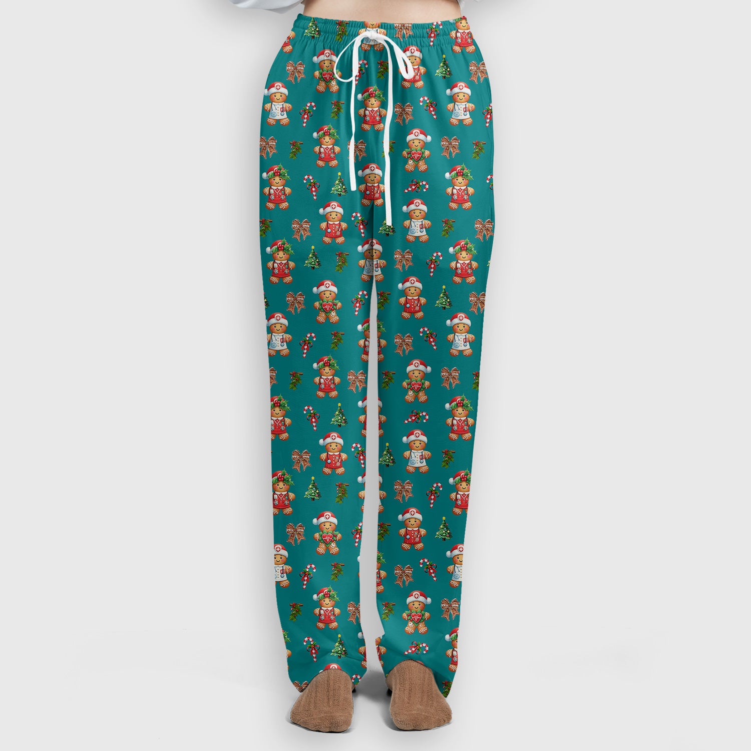 Funny Christmas Scrub Set for Nurse - Adorable Gingerbread Candy Cane Bow- Festive Medical Uniform for Women