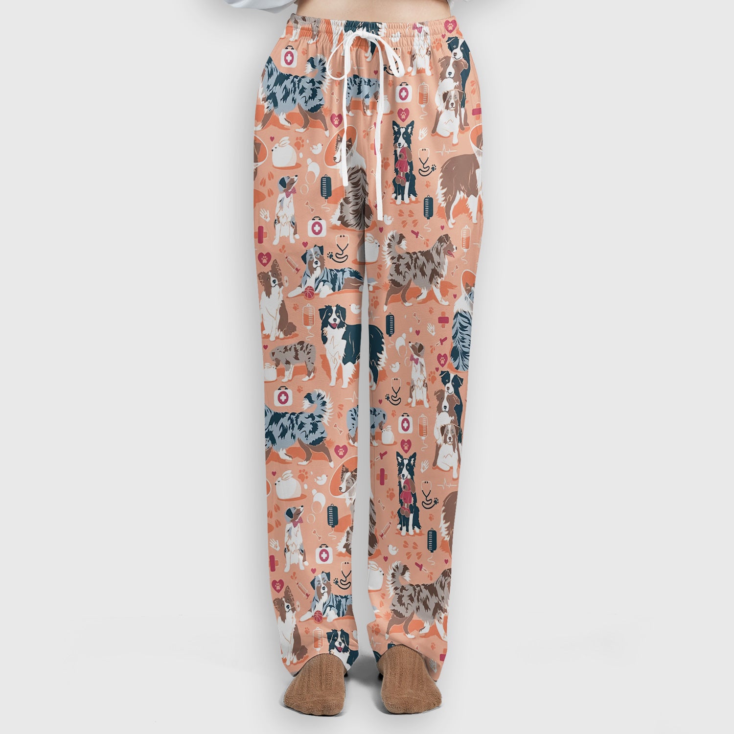 Cute Dog Pattern Women's Veterinary Scrub Set, Scrub Pants and V Neck Top