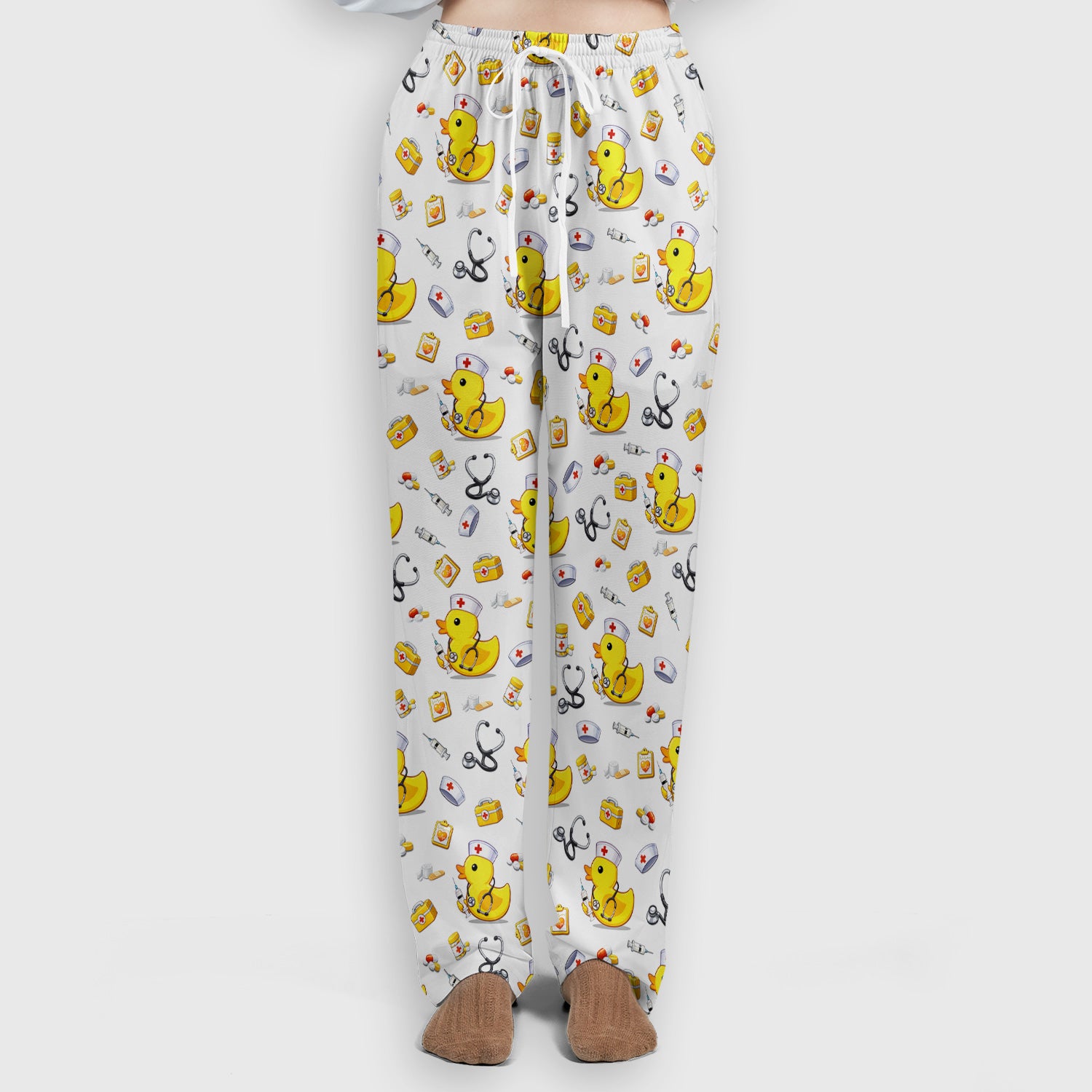 Playful Medical Duck Print Women's Scrub Set, Breathable Med Uniform