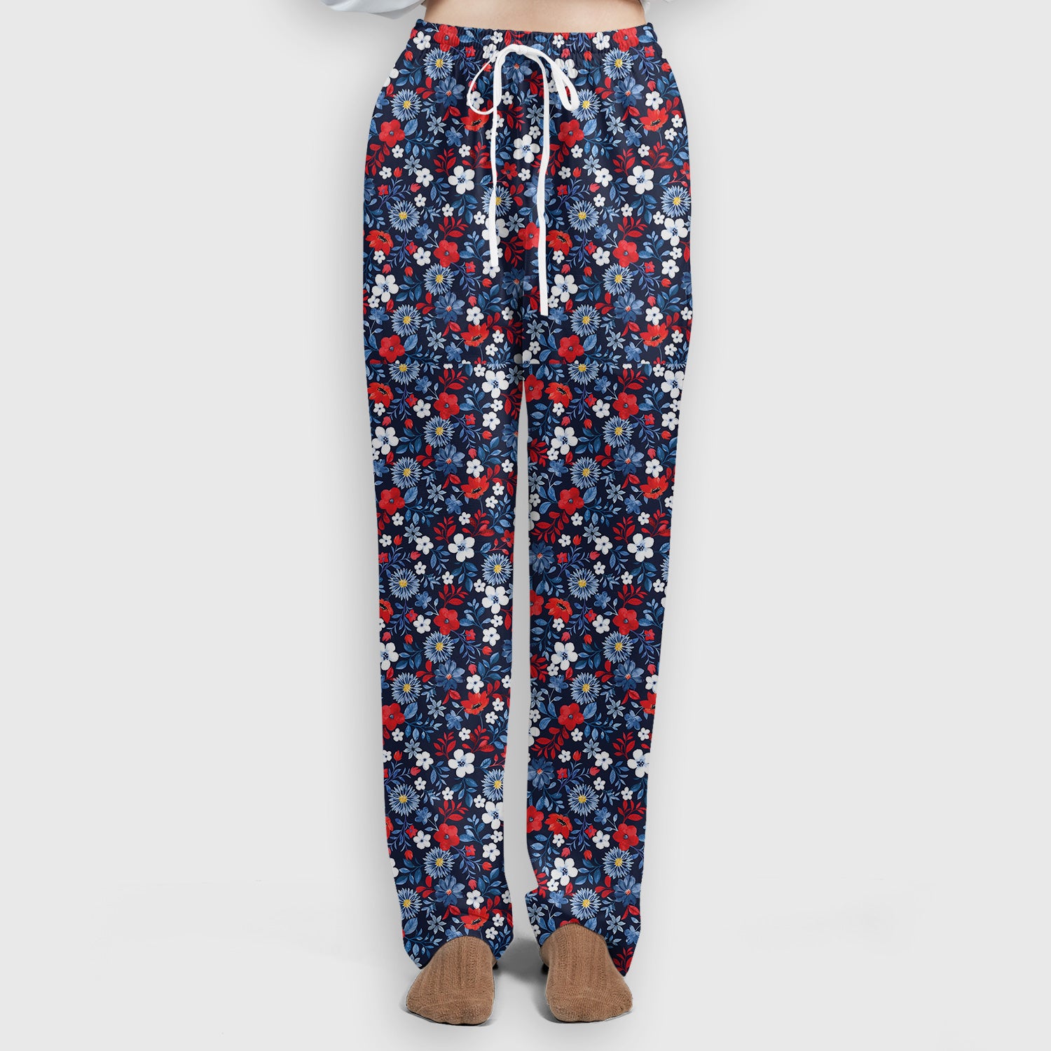 Navy Red Floral Nursing Scrub Set V-Neck, Medical Uniform for Healthcare Staff