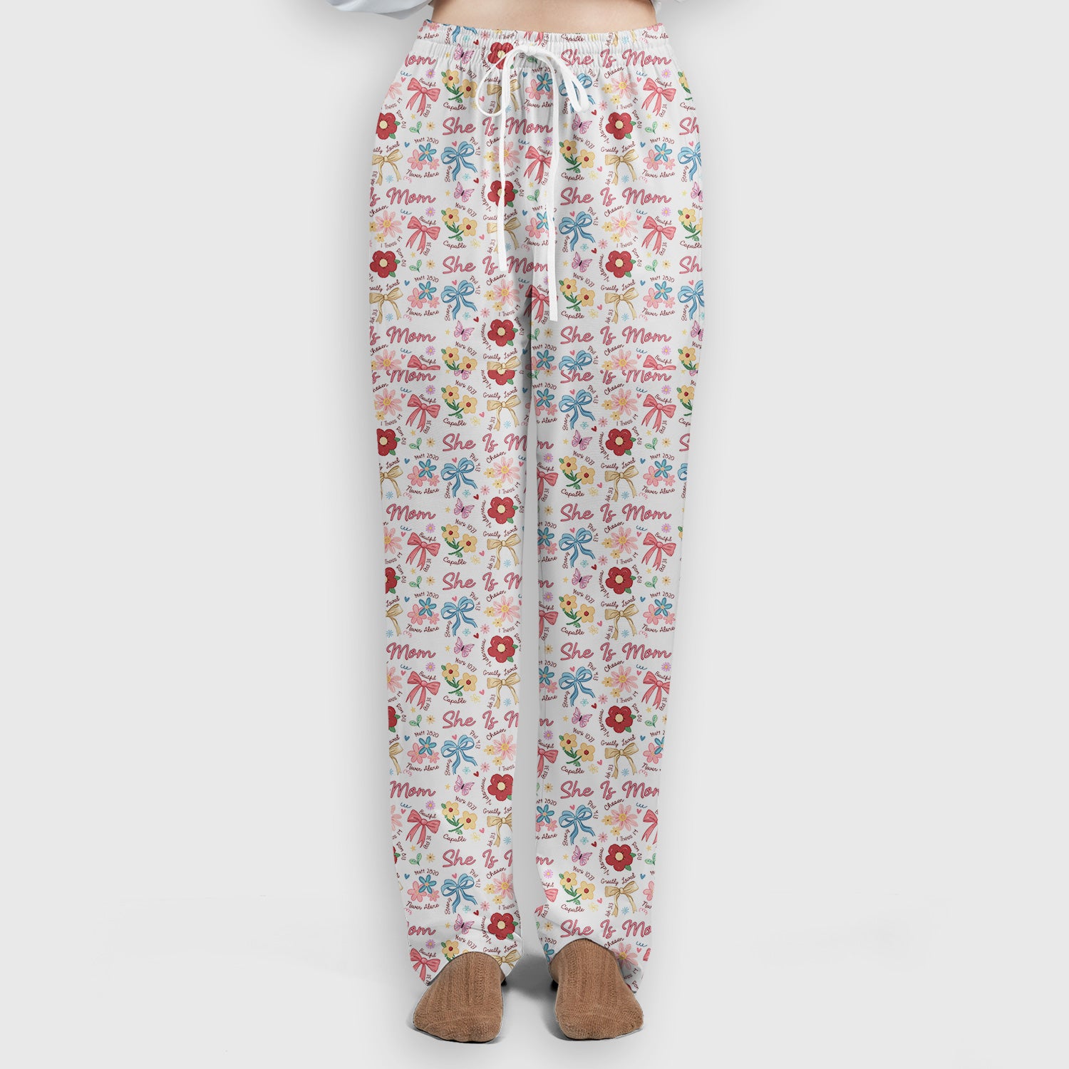 She Is Mom Flower Bow Pattern Scrub Set, Scrub Pants and V Neck Top