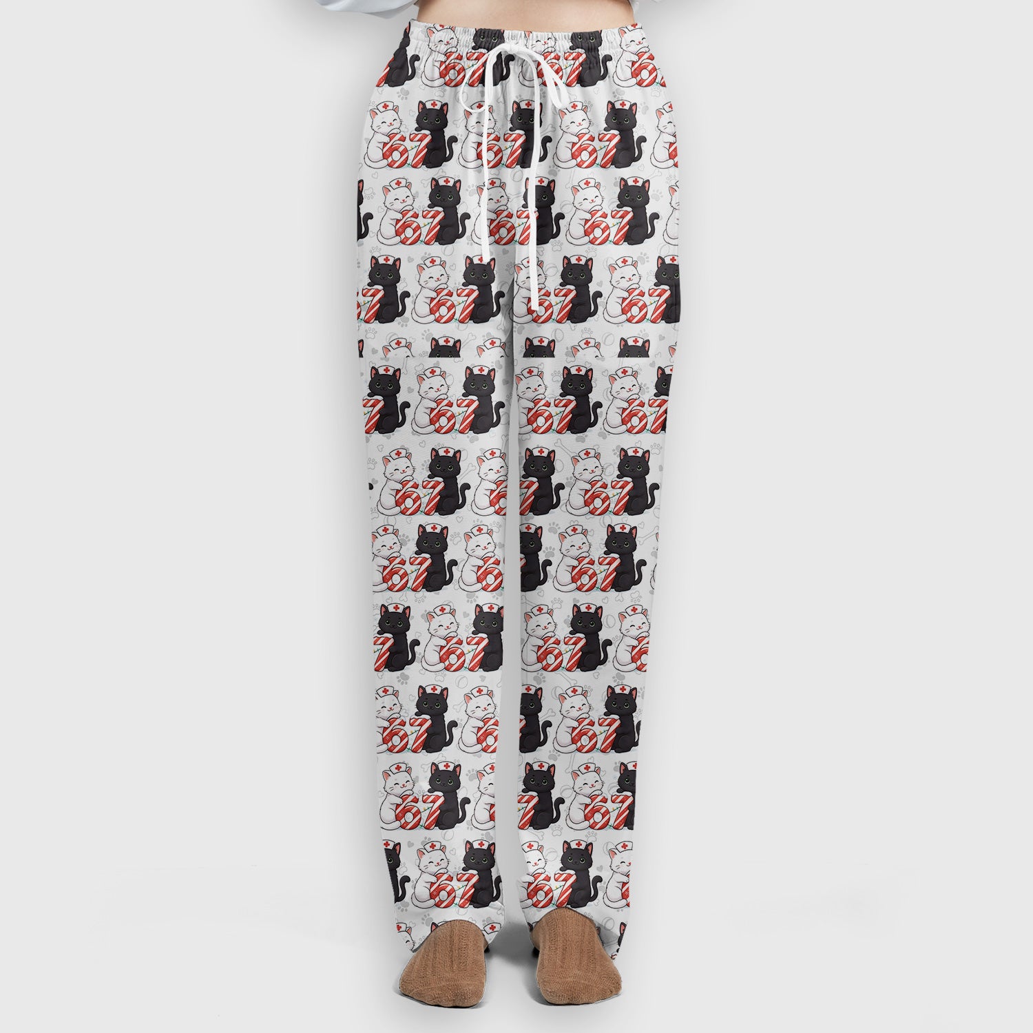 Xmas Cat Pattern Scrub Set, Christmas Nurse Six Seven With Cat Scrub Shirt, Breathable Fabrics Nursing Uniform