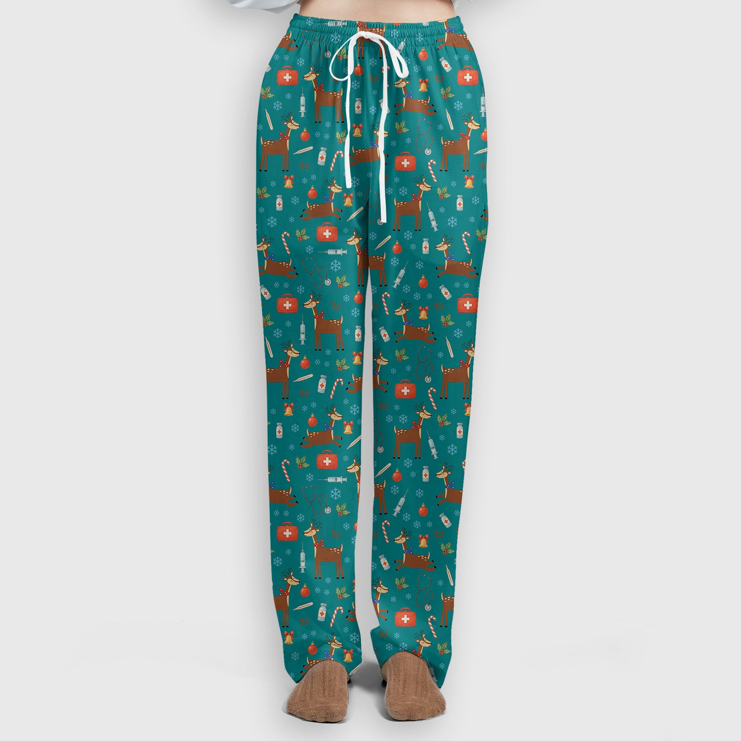 Reindeer Christmas Scrub Set - Snowflakes Candy Canes Holiday Scrubs Pants and V Neck Top - Xmas Gift for Women RN CNA LPN