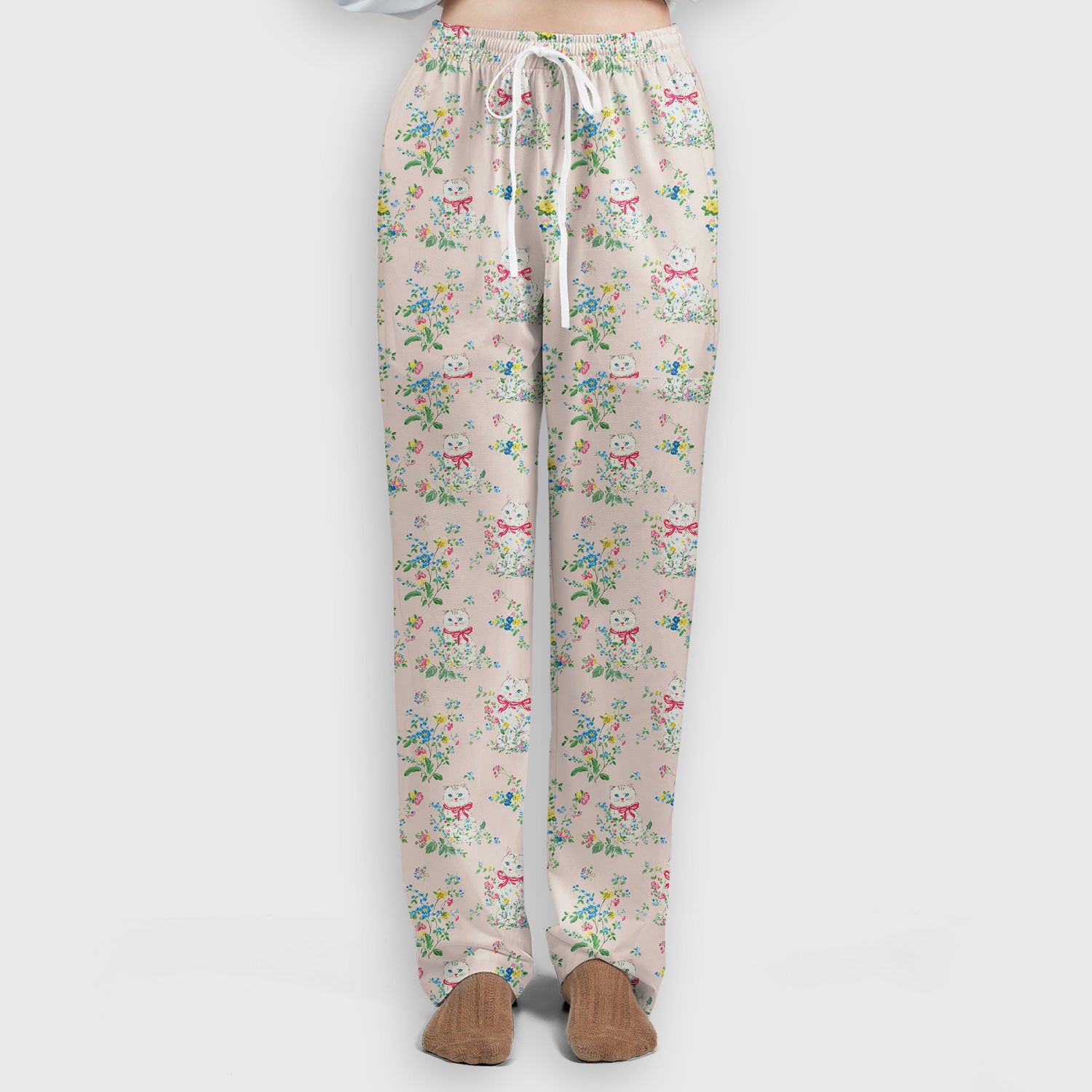 Vintage Floral Cat Print Scrub Set, Scrub Pants and V Neck Top