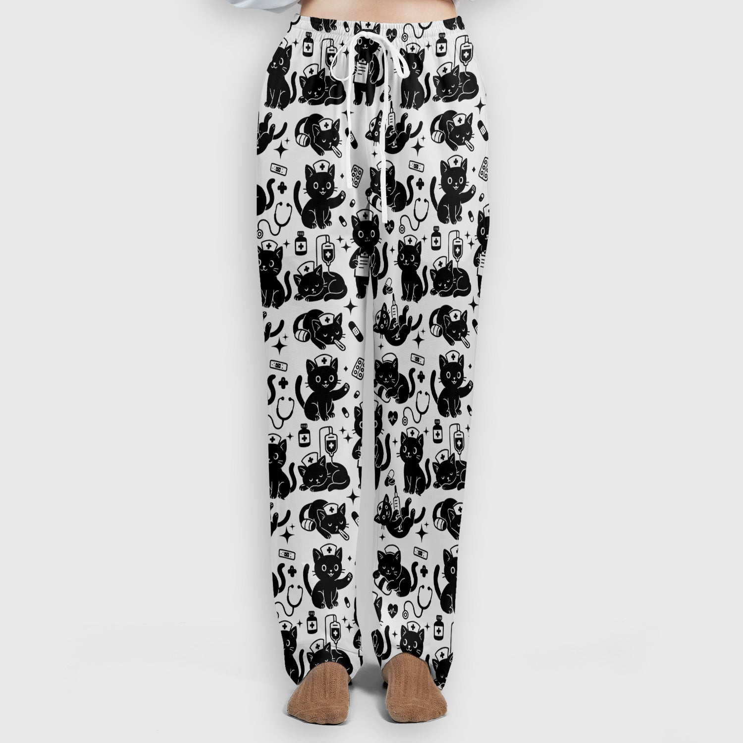 Cute Black Cat Nurse Pattern Scrub Set, Breathable Med Uniform