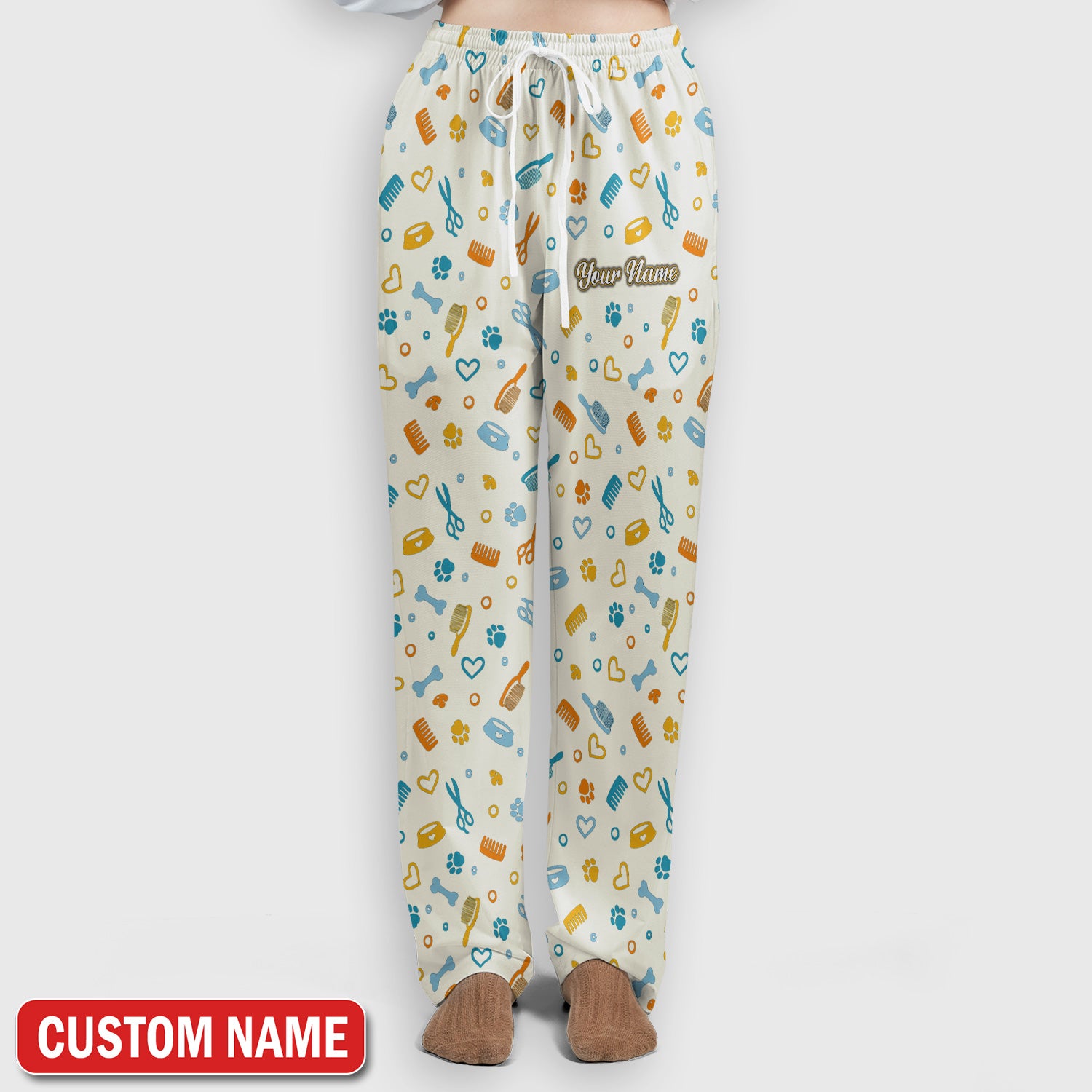Custom Name Dog Cat Grooming Pattern Scrub Set, Scrub Pants and V Neck Top