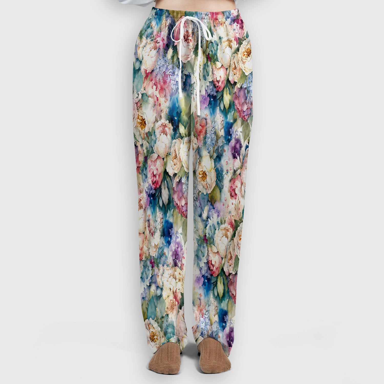 Watercolor Peony Hydrangea Floral Print Scrub Set, Scrub Pants and V Neck Top