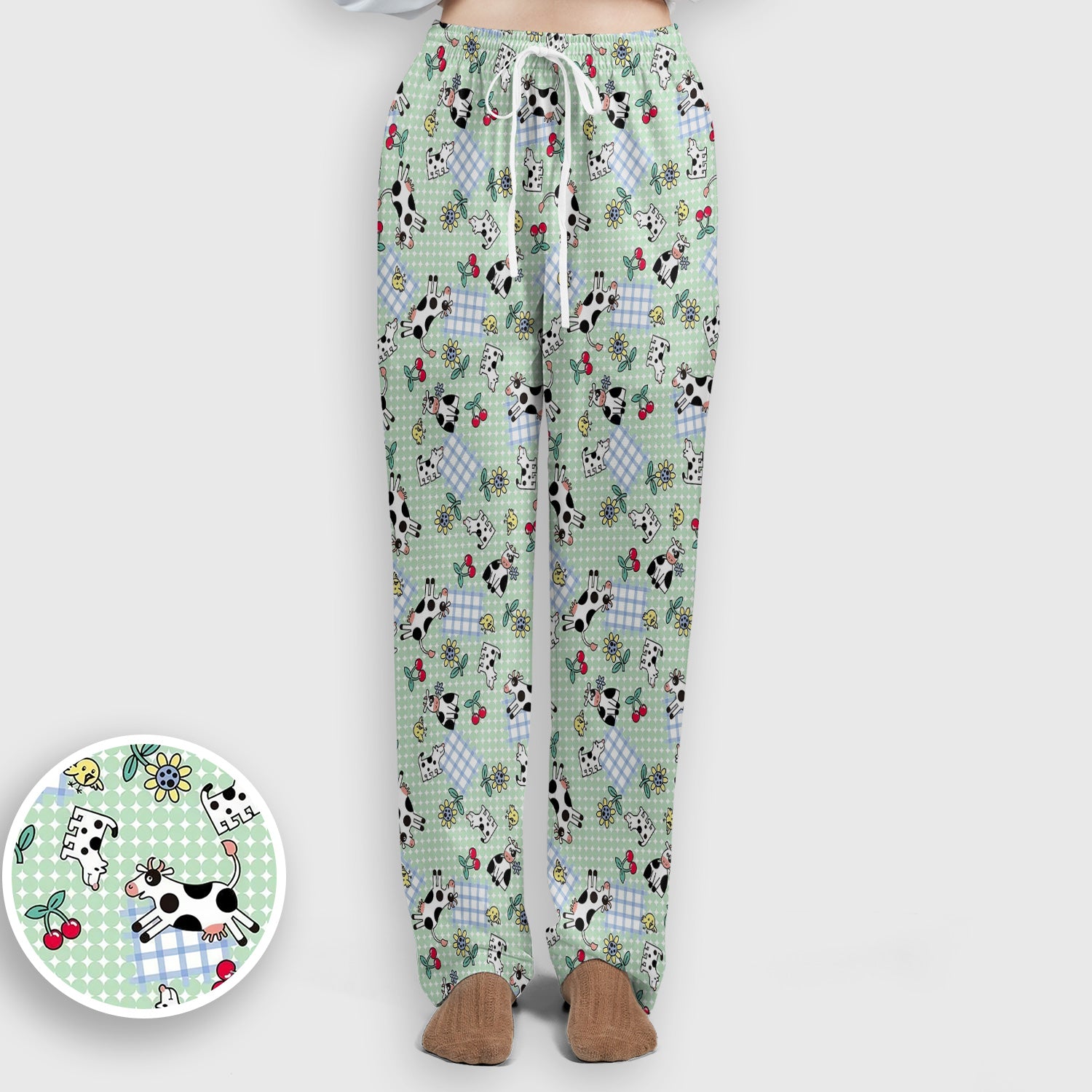 Cute Cow Cherry Farm Garden Pattern Nurse Scrub Set, Scrub Pants and V Neck Top