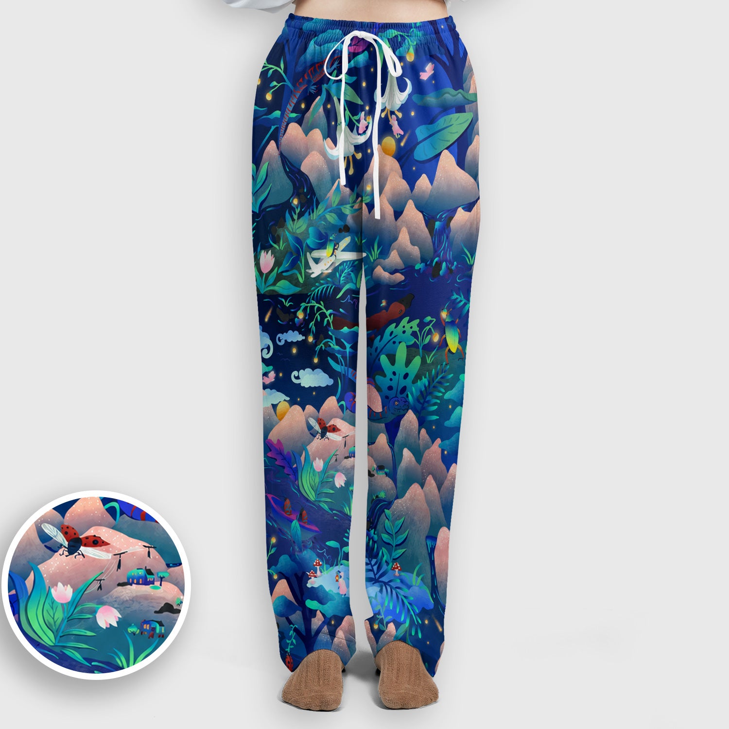 Whimsical Mountain Bug Print Scrub Set, Scrub Pants and V Neck Top