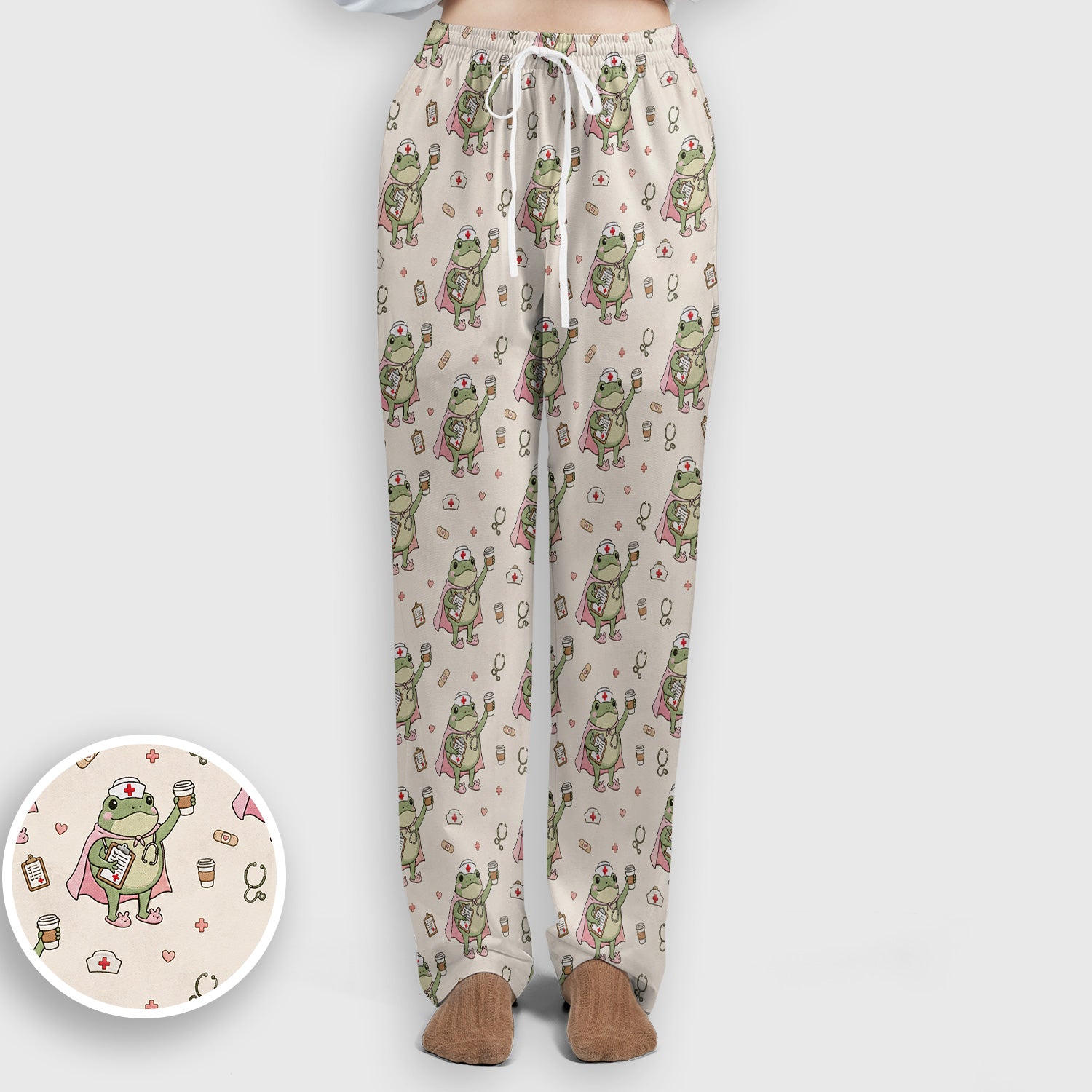 Cute Super Nurse Frog Pattern Scrub Set, Scrub Pants and V Neck Top