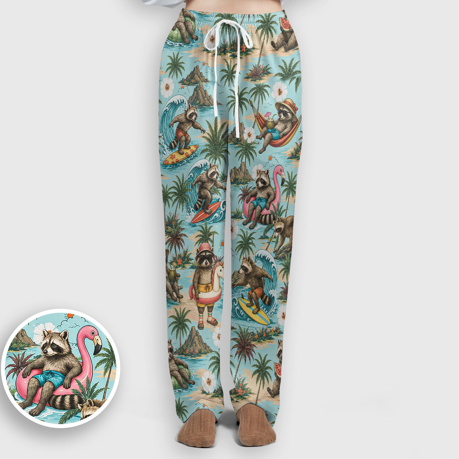 Tropical Raccoon with Surfing Island Beach Print Scrub Set, Scrub Pants and V Neck Top