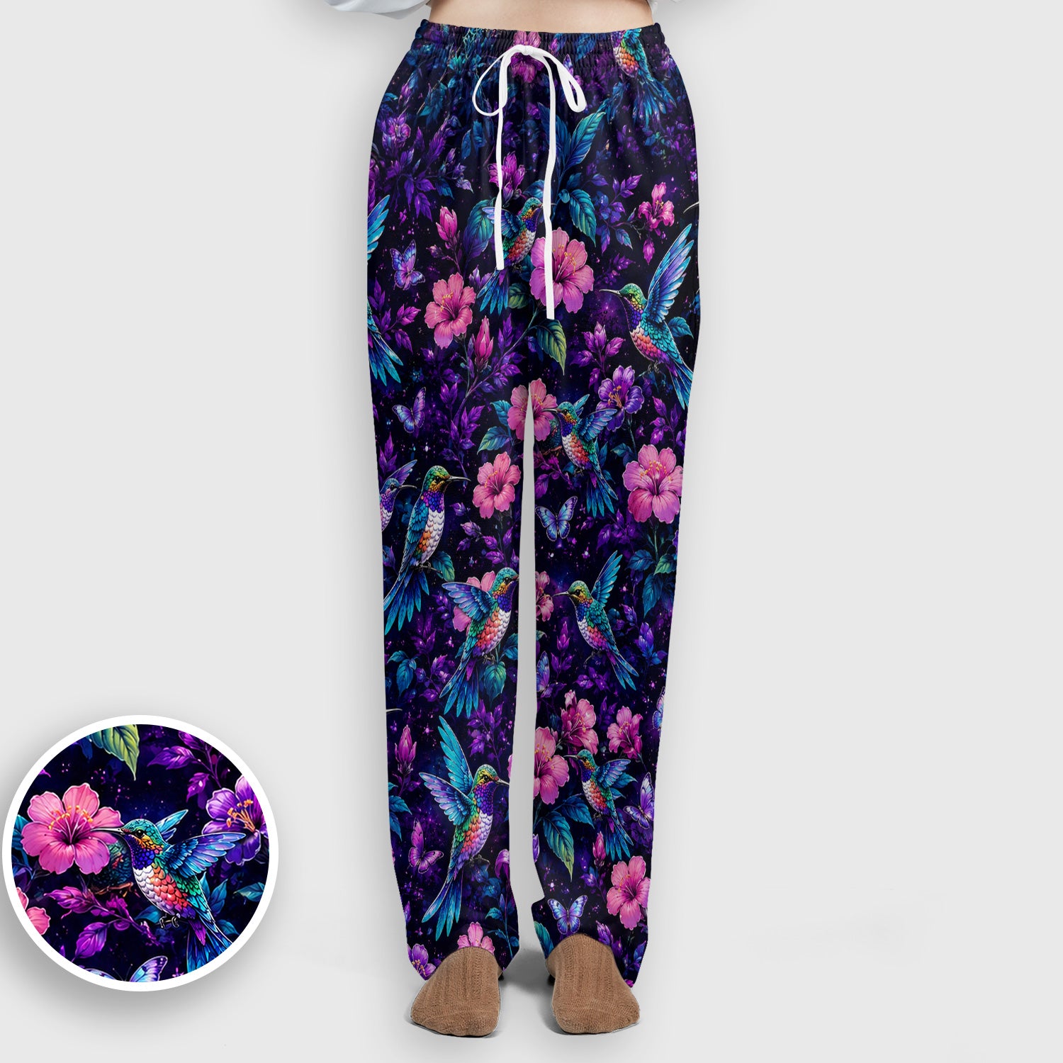 Vibrant Hummingbird Hibiscus Blossom Pattern Scrub Set, Scrub Pants and V Neck Top