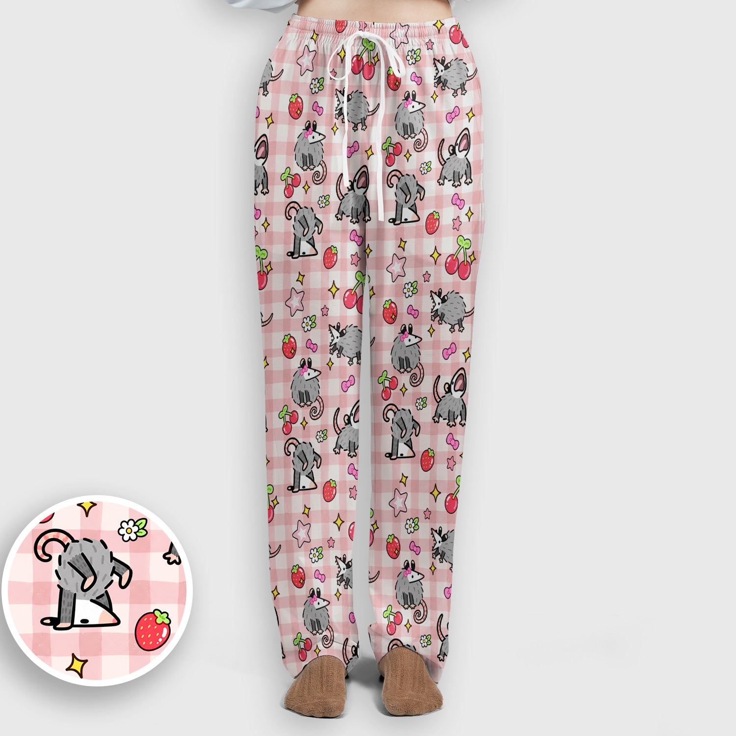 Cute Opossum And Cherries Gingham Pattern Scrub Set, Scrub Pants and V Neck Top