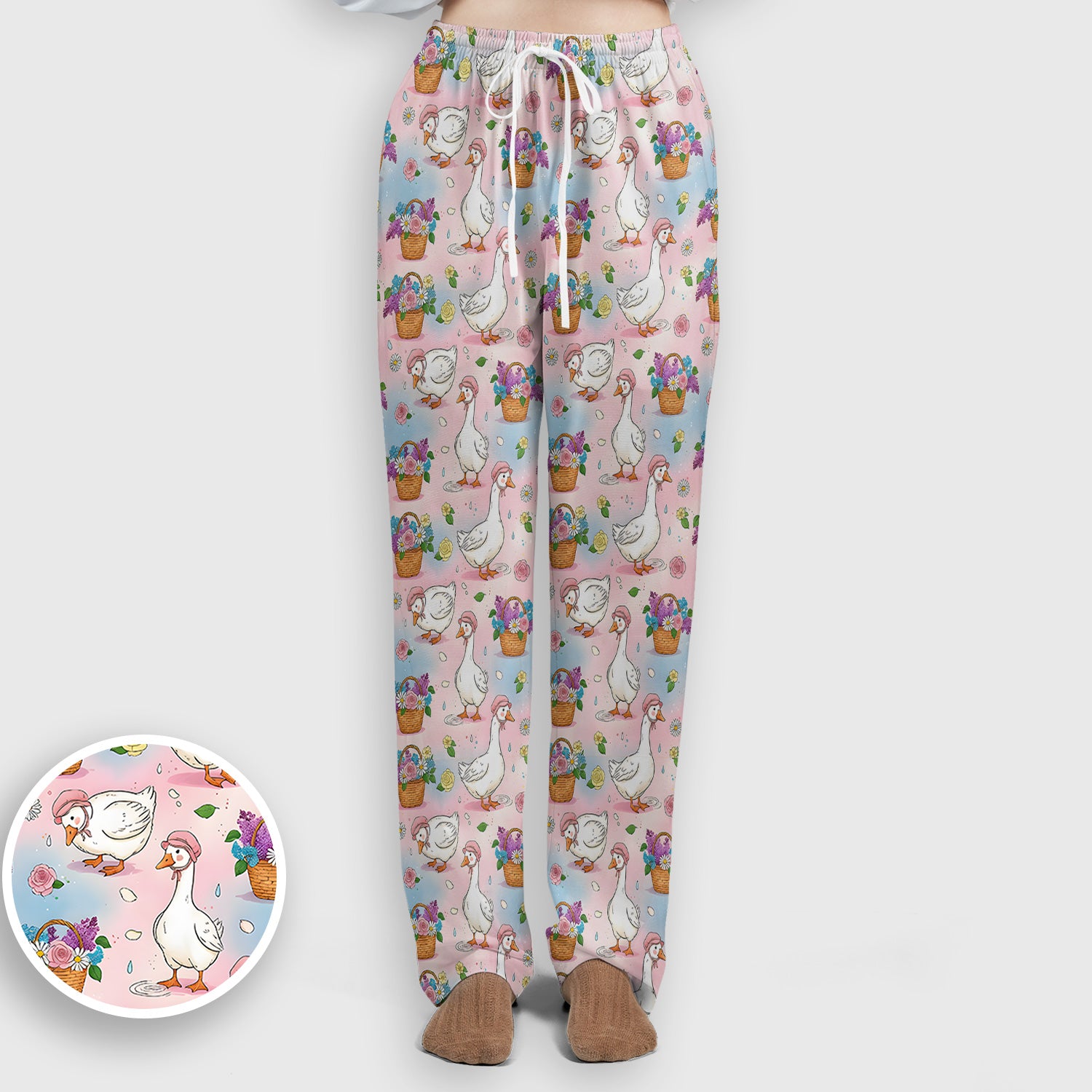 Cute Spring Goose Flower Basket Pattern Scrub Set, Scrub Pants and V Neck Top