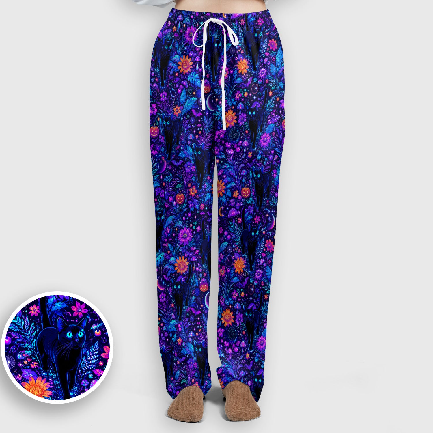 Halloween Black Cat Floral Print Scrub Set, Scrub Pants and V Neck Top