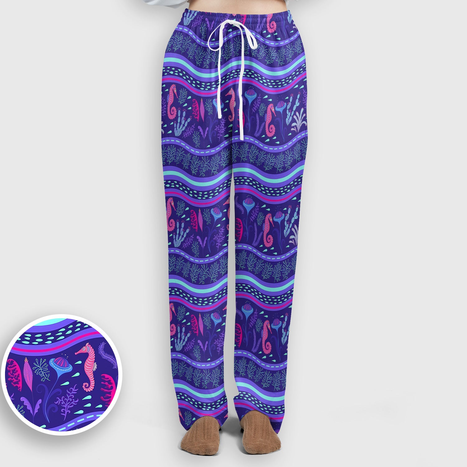 Purple Seahorse Ocean Pattern Scrub Set, Scrub Pants and V Neck Top