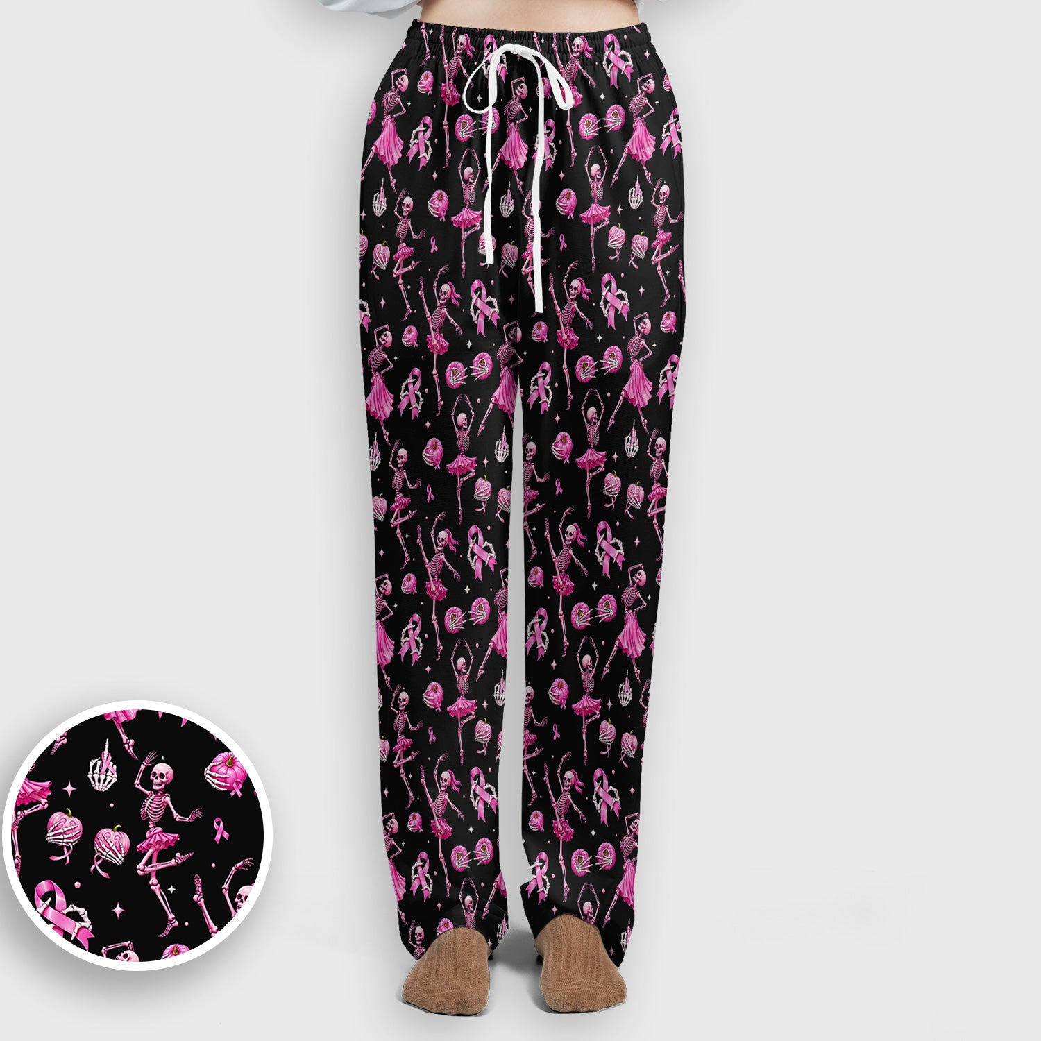 Pink Ribbon Skeleton Ballerina Print Scrub Set, Scrub Pants and V Neck Top