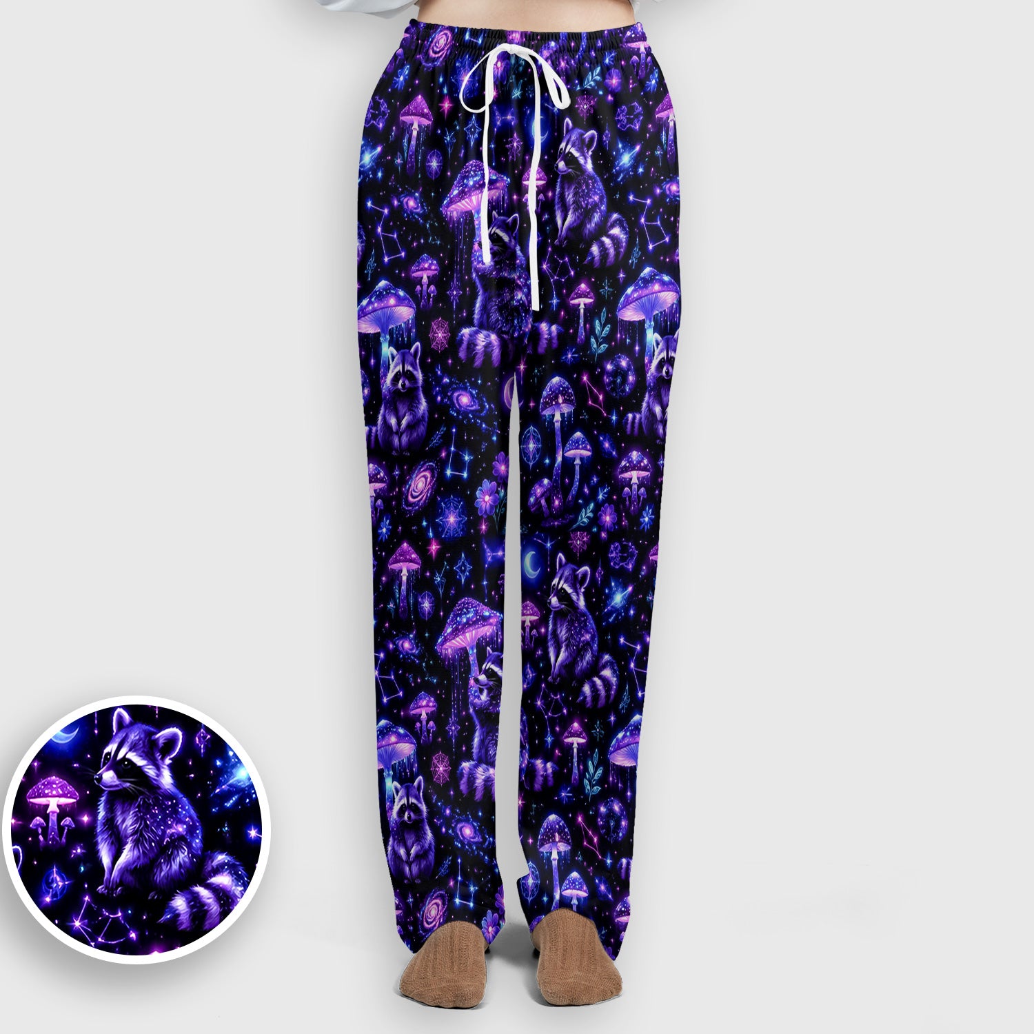Cosmic Raccoon Mushroom Print Scrub Set, Scrub Pants and V Neck Top