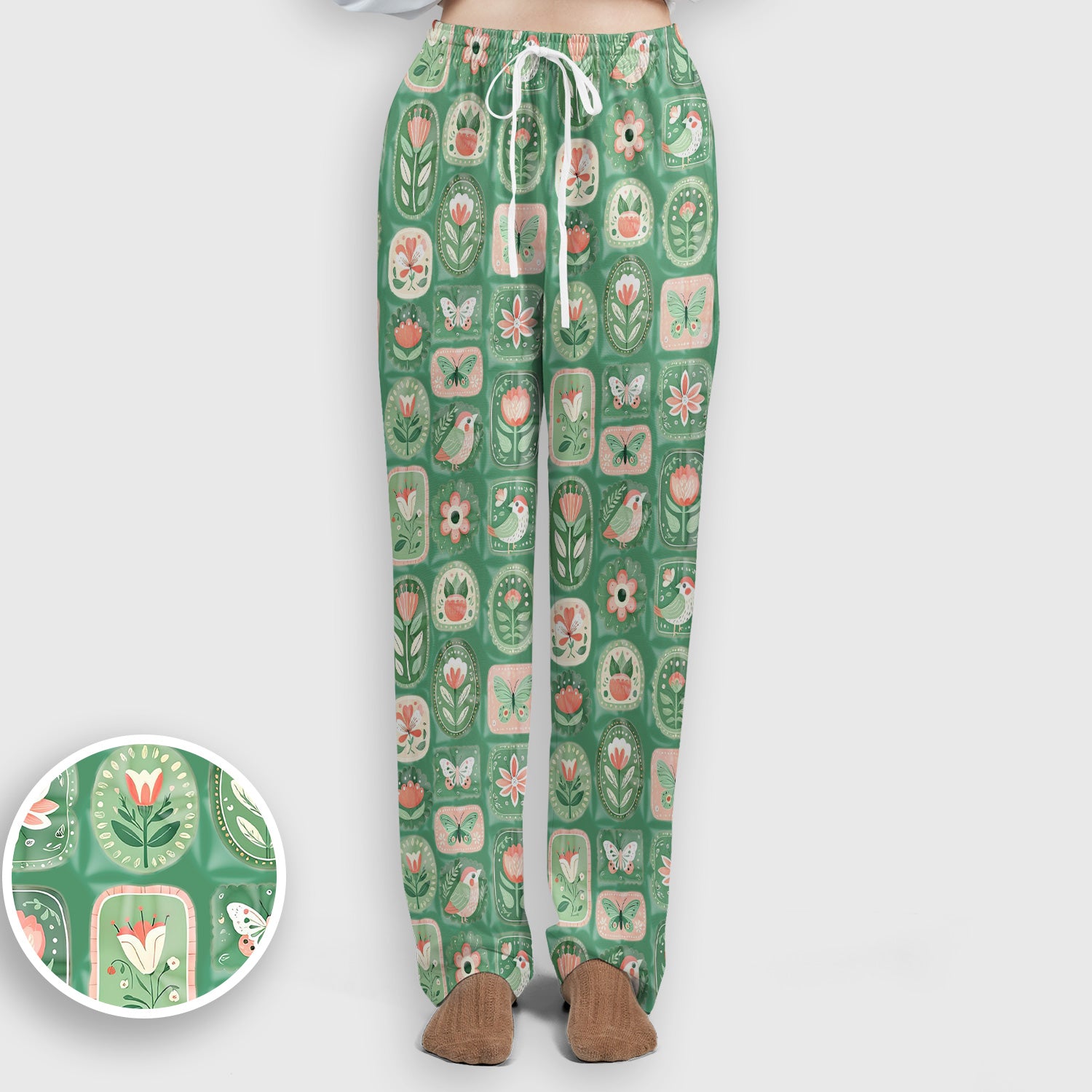 Folk Art Floral Bird Butterfly Garden Pattern Scrub Set, Scrub Pants and V Neck Top