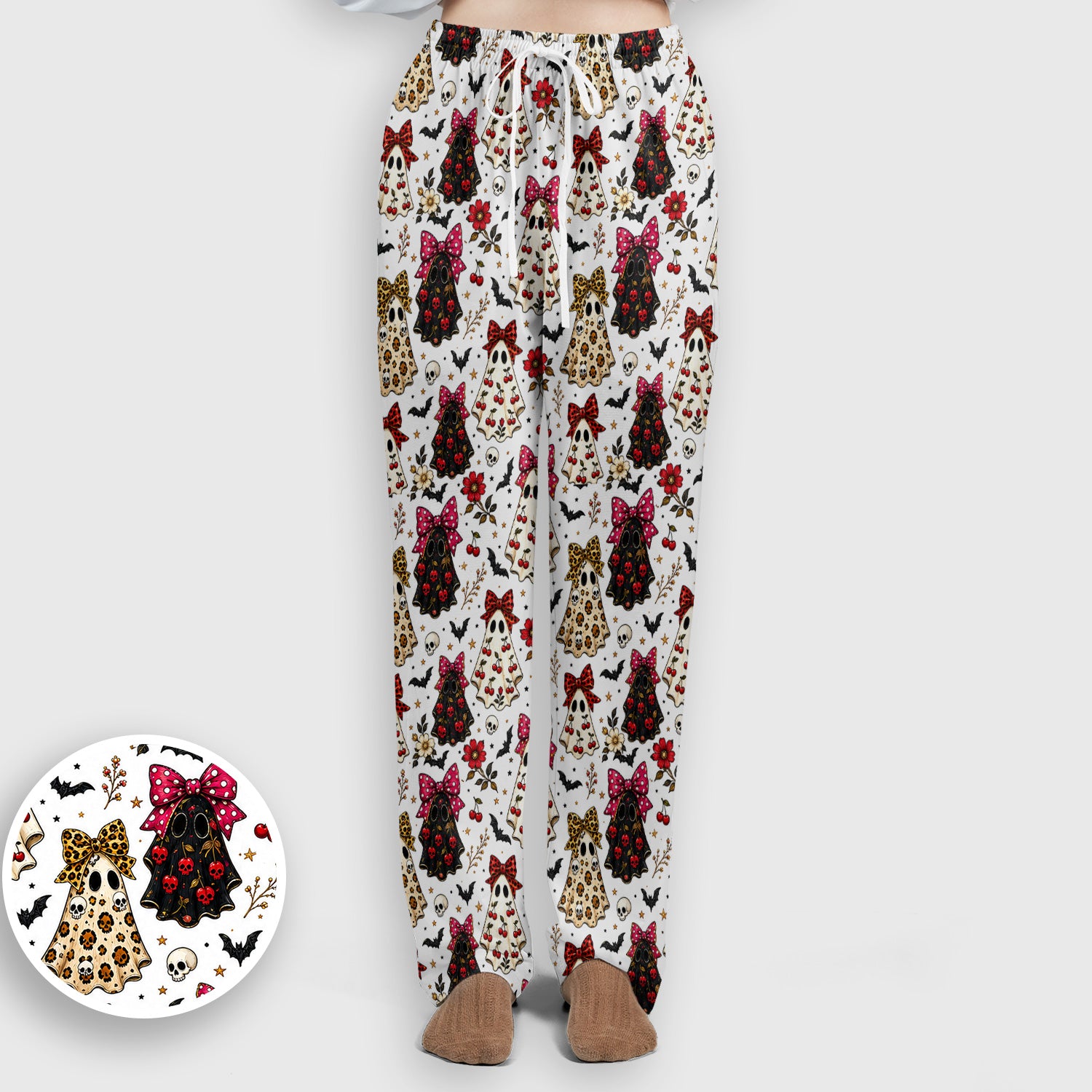 Spooky Halloween Ghost Pattern Scrub Set, Scrub Pants and V Neck Top