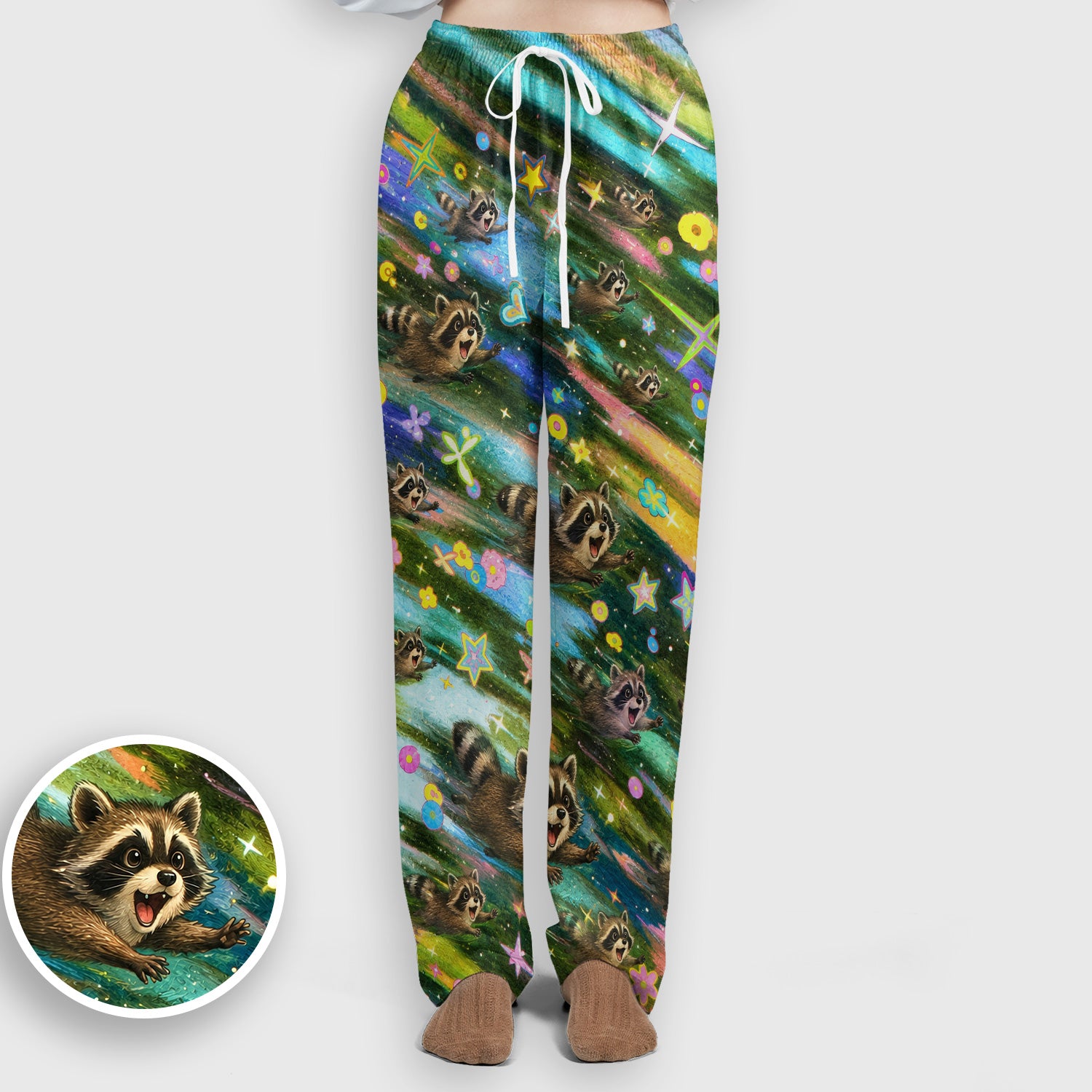 Cute Raccoon Rainbow Dash Pattern Scrub Set, Scrub Pants and V Neck Top