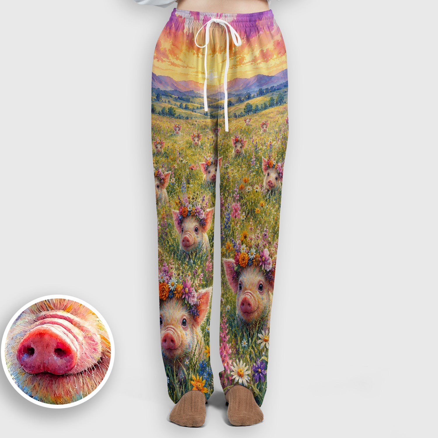 Cute Floral Piglet Pediatric Pattern Scrub Set, Scrub Pants and V Neck Top