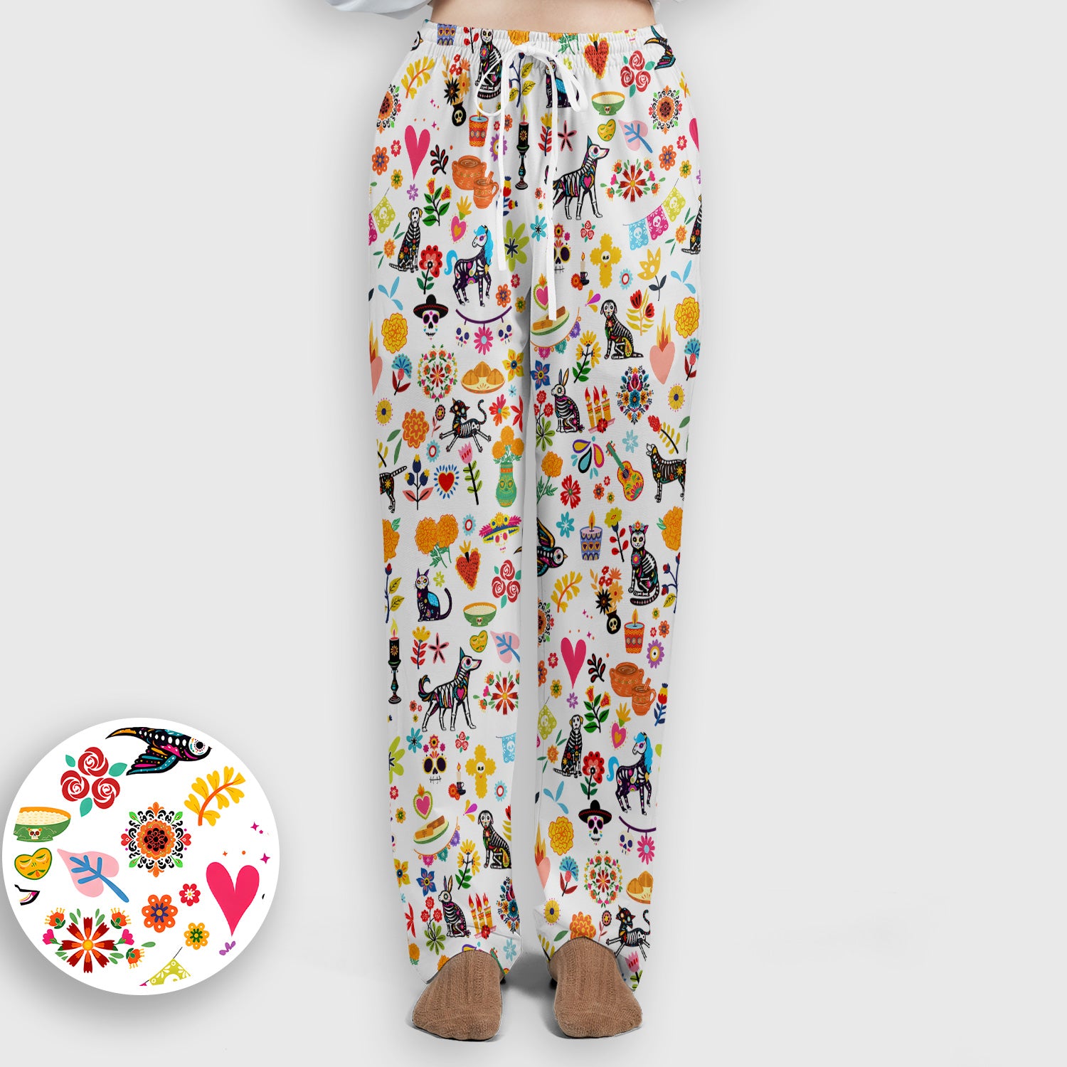 Day Of The Dead Sugar Skull Print Scrub Set, Scrub Pants and V Neck Top