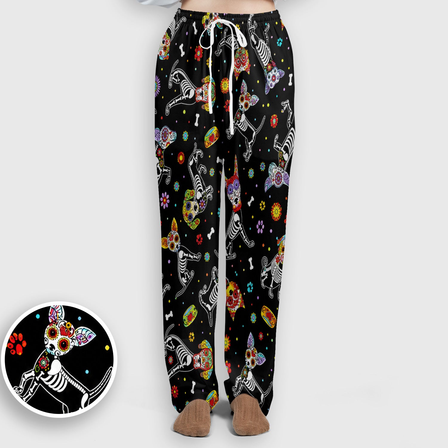 Colorful Day Of The Dead Dogs Scrub Set, Scrub Pants and V Neck Top