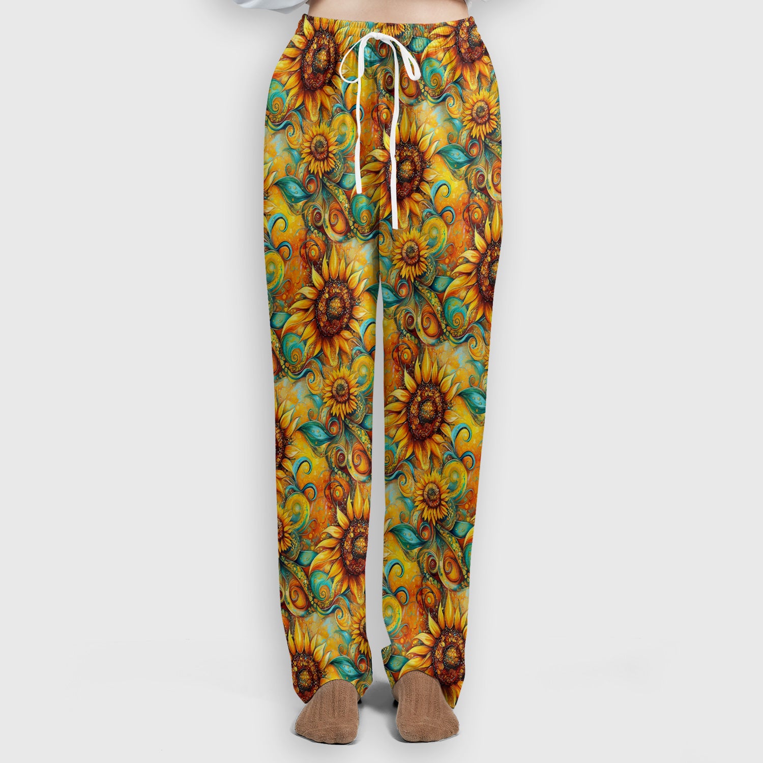 Sunflower Swirl Floral Pattern Scrub Set, Scrub Pants and V Neck Top