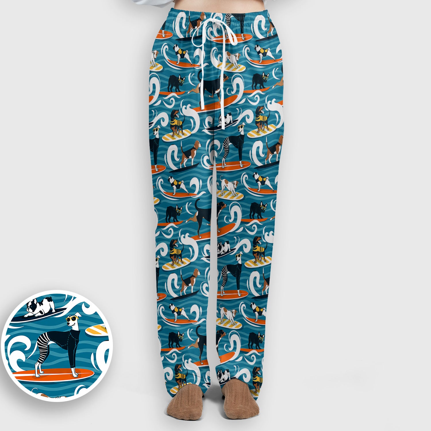 Surfing Dogs Ocean Wave Print Scrub Set, Scrub Pants and V Neck Top