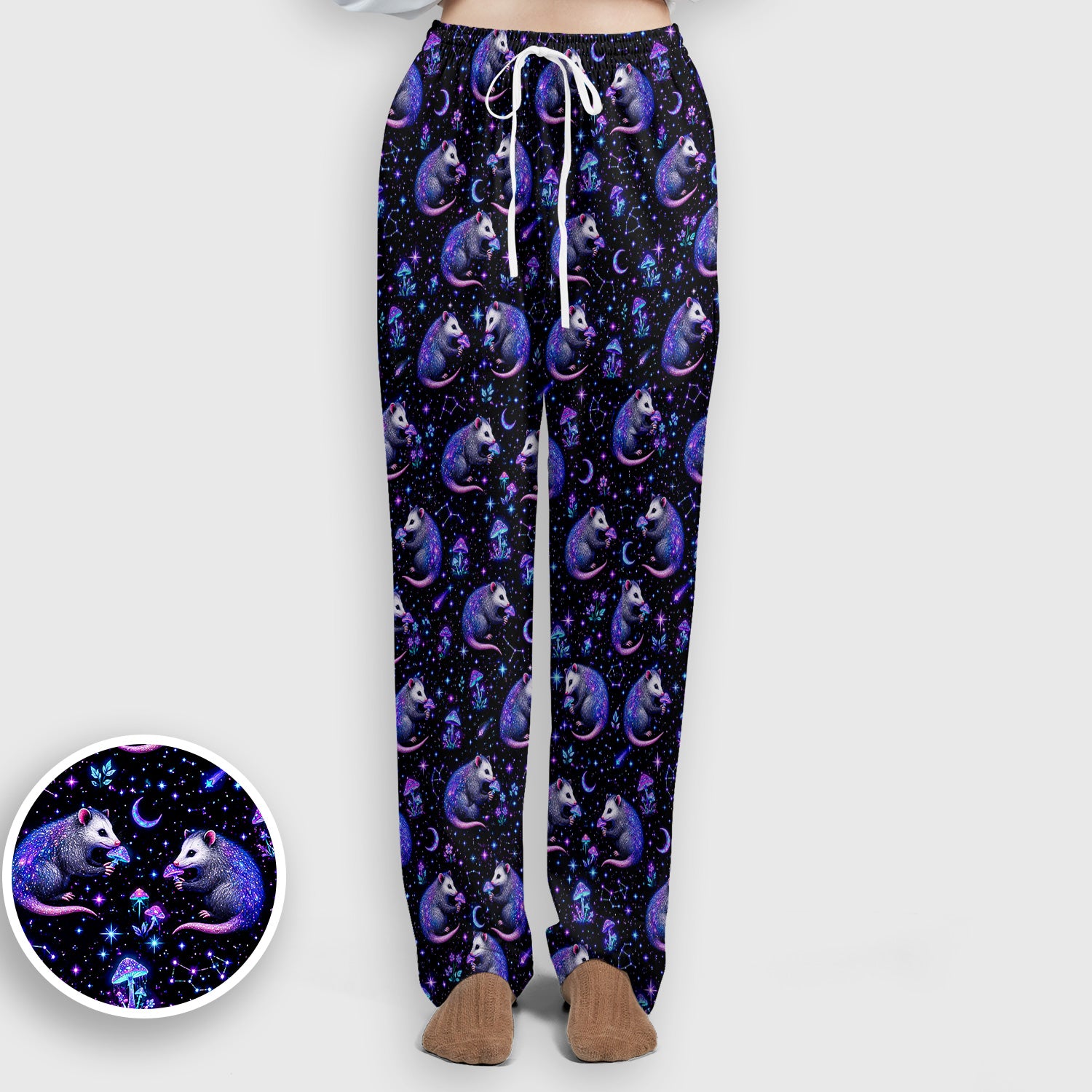 Celestial Purple Opossum With Mushroom Pattern Scrub Set, Scrub Pants and V Neck Top