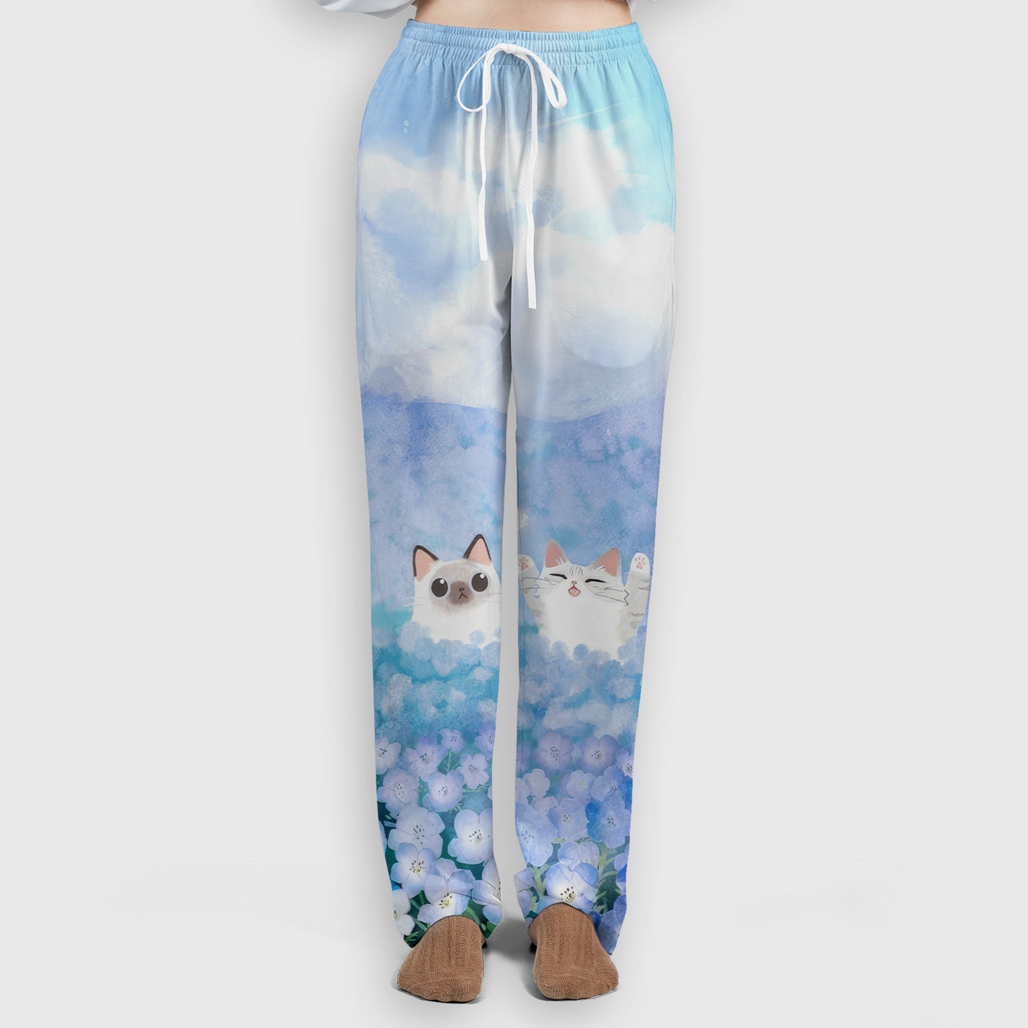 Dreamy Cat Cloud Hydrangea Sky Pattern Scrub Set, Scrub Pants and V Neck Top