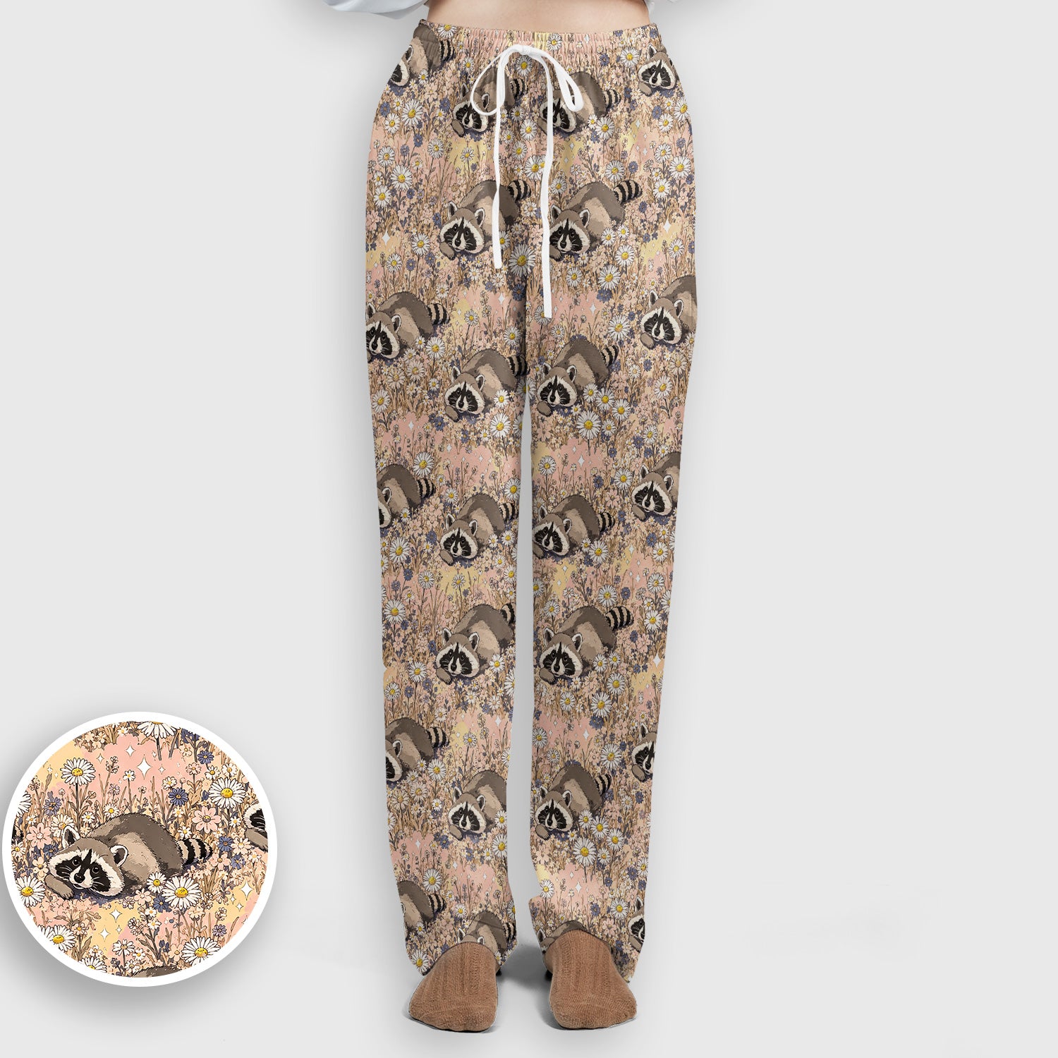Cute Raccoon Wildflower Meadow Pattern Scrub Set, Scrub Pants and V Neck Top