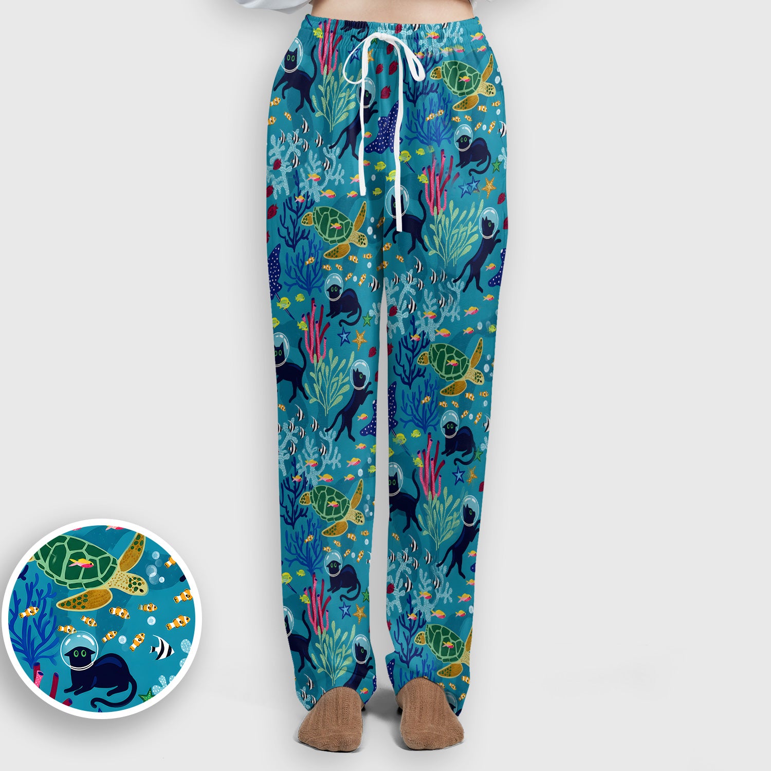 Underwater Cat Turtle Veterinary Pattern Scrub Set, Scrub Pants and V Neck Top