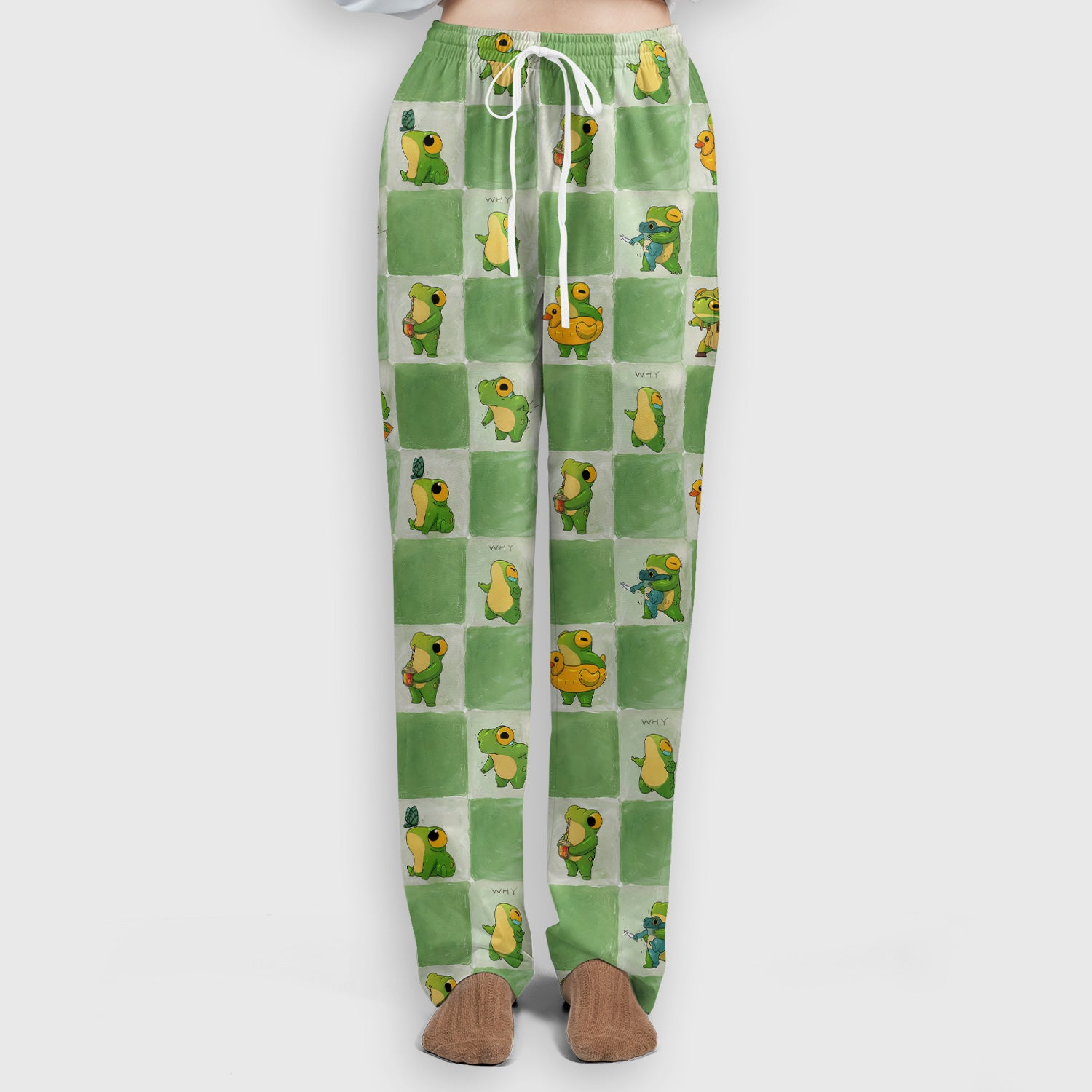 Cute Frog Duck Checkerboard Pattern Scrub Set, Scrub Pants and V Neck Top