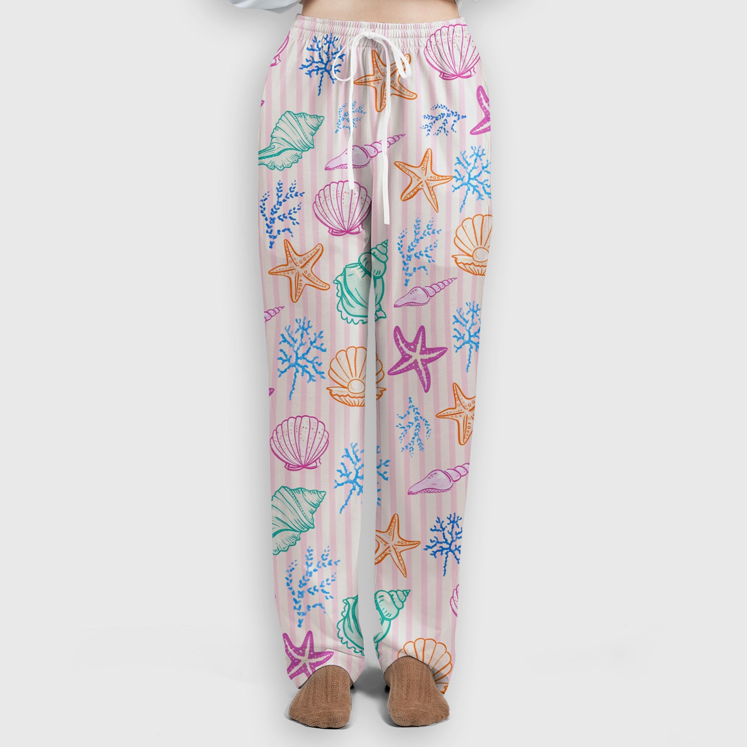 Colorful Seashell Starfish Ocean Stripe Pattern Scrub Set, Women's Scrub Sets