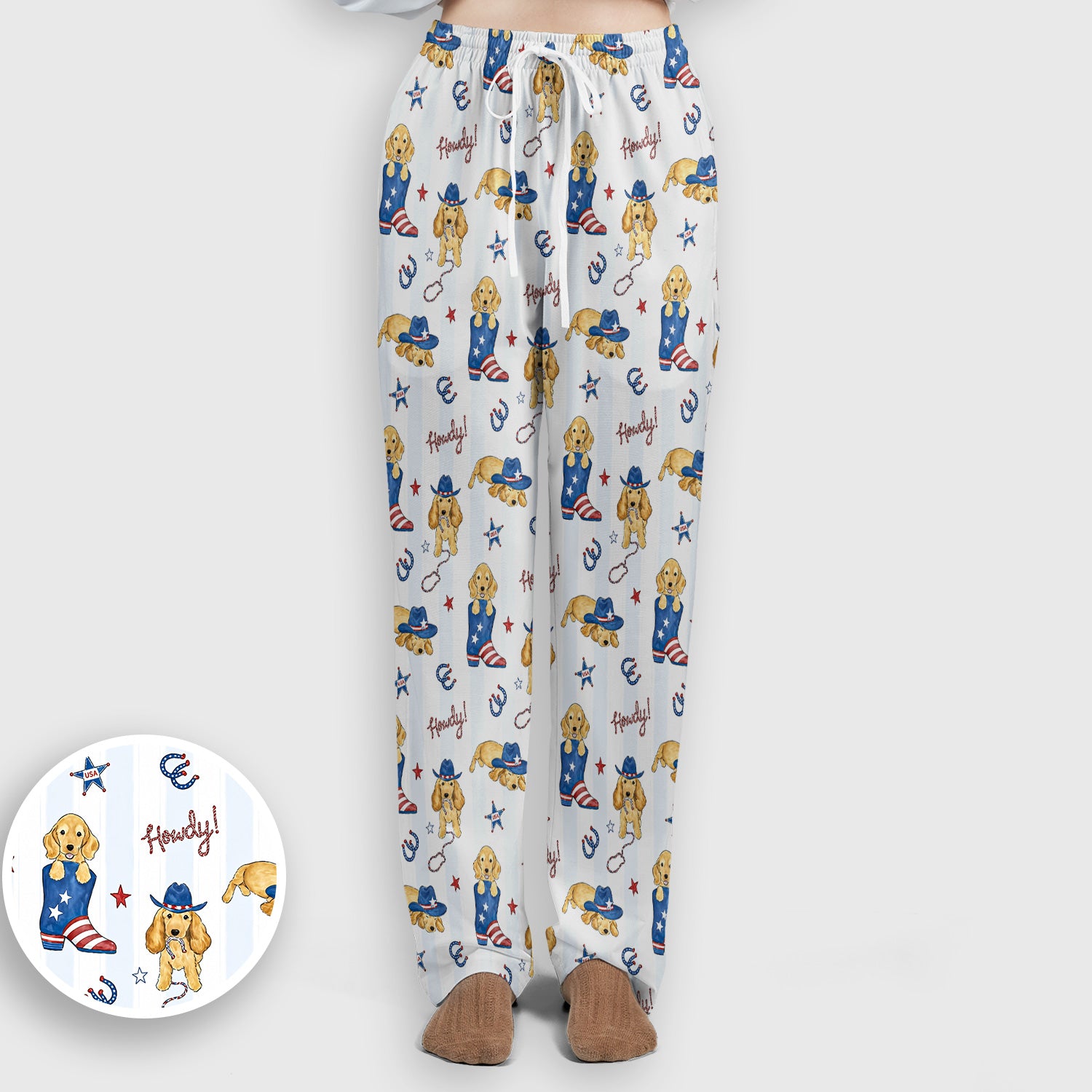 Patriotic Howdy Golden Dog Western Pattern Scrub Set, Scrub Pants and V Neck Top